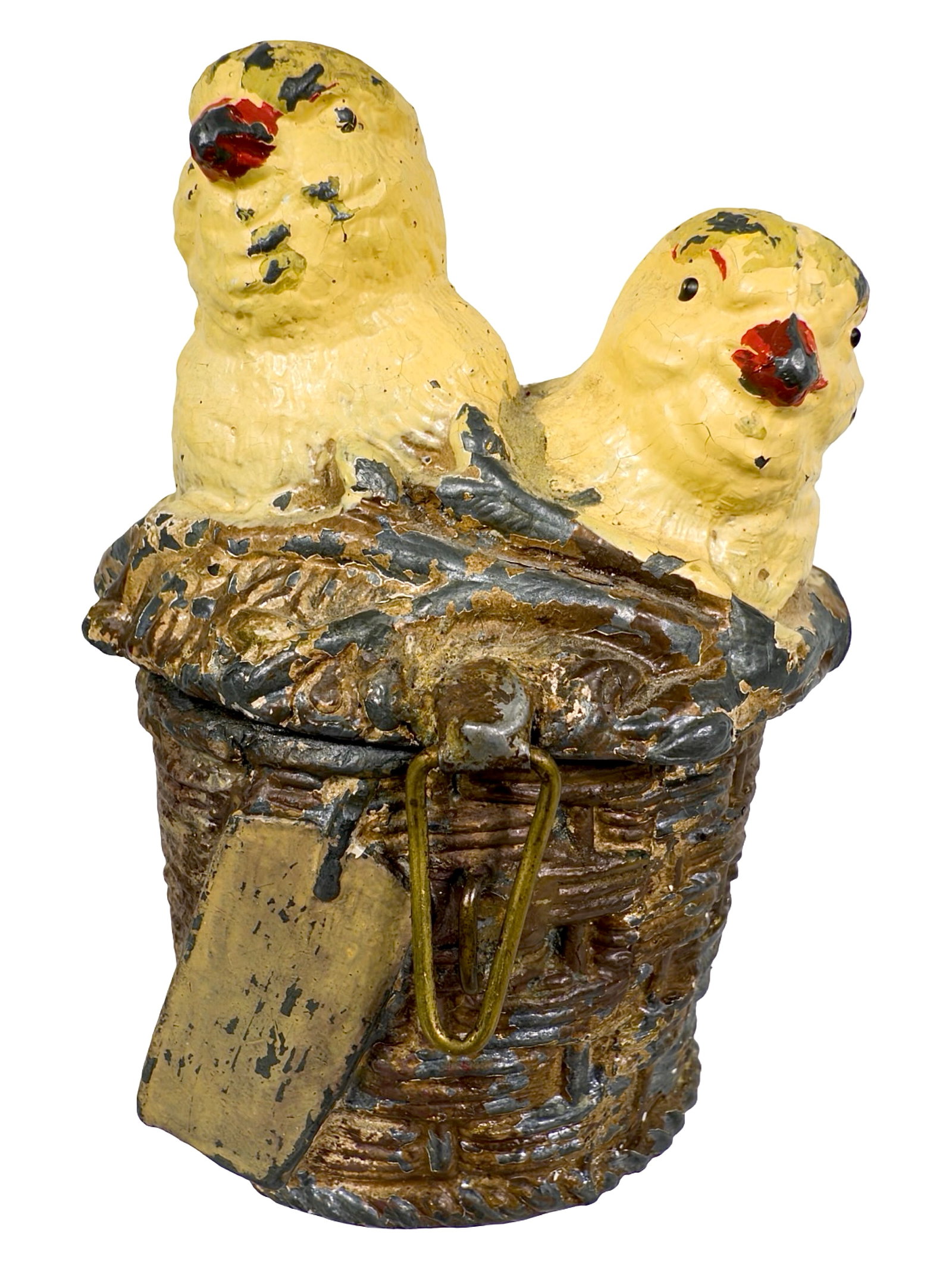 Yellow Chicks in a Basket Unusual Spelter Still Bank (1 of 6)