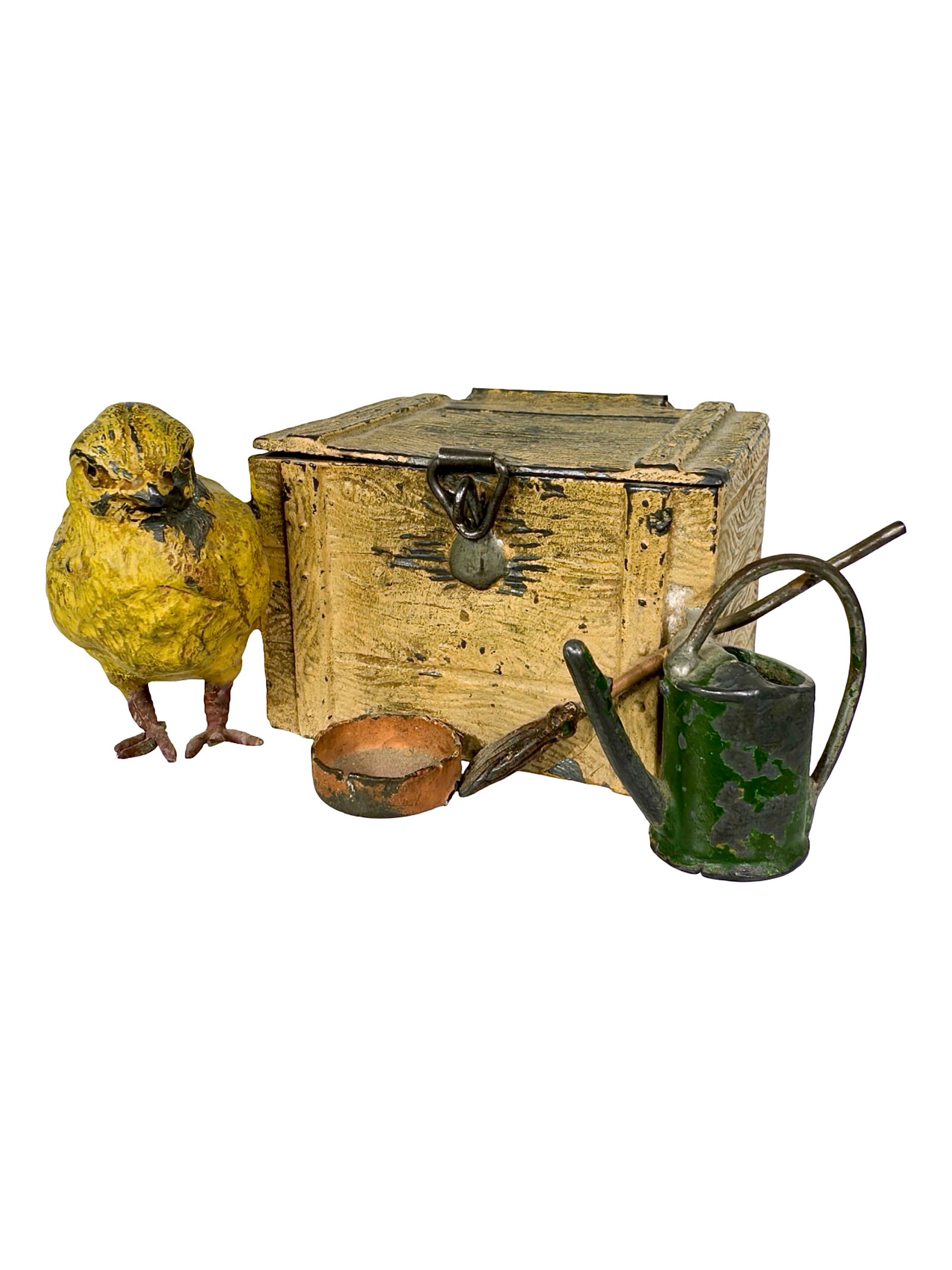 Small Chick Beside Crate and a Watering Can, Broom and Bowl (1 of 6)