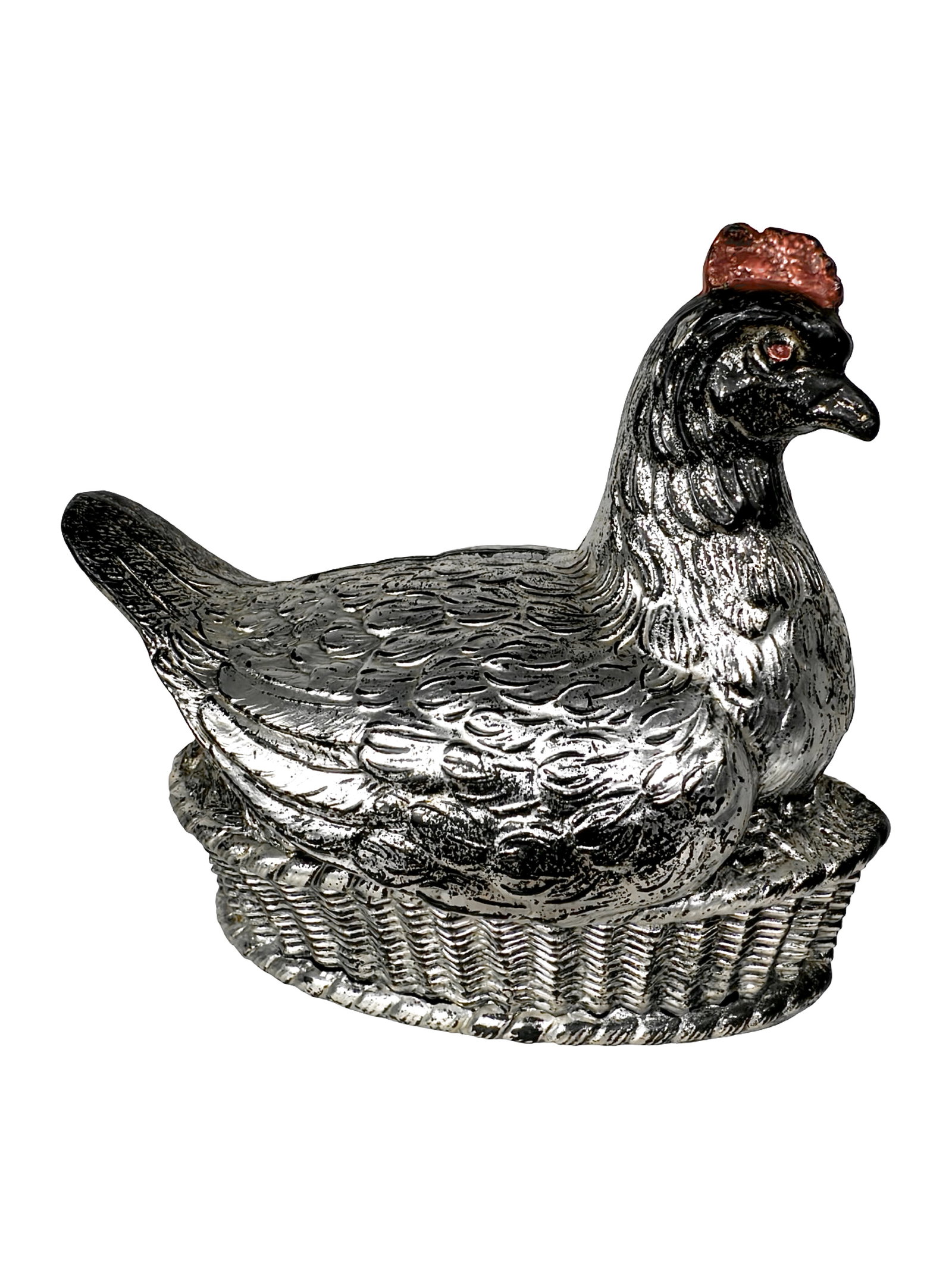 Silvered Tin Hen on Nest Bank: European - Circa 1910's. 4" Tall x 4 1/4" Wide x 2 1/4" Deep. Bob and Shirley Peirce Collection.
