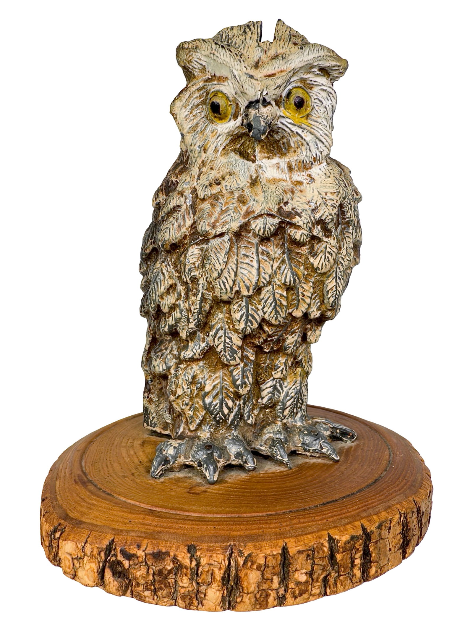 Unusual White Owl Presented on a Round Tree Branch Base: Germany - Circa Mid 1920's. 5 1/4" Tall x 4 1/2" Wide x 4 1/4" Deep. From the Collection of Mike Henry.