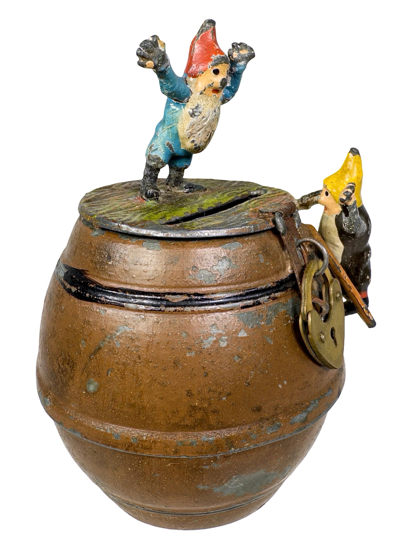 Elves Climbing on a Barrel Spelter Bank: Germany - Circa Early 1920's. 3 3/4" Tall x 2 1/4" Wide x 2" Deep. Bob and Shirley Peirce Collection.