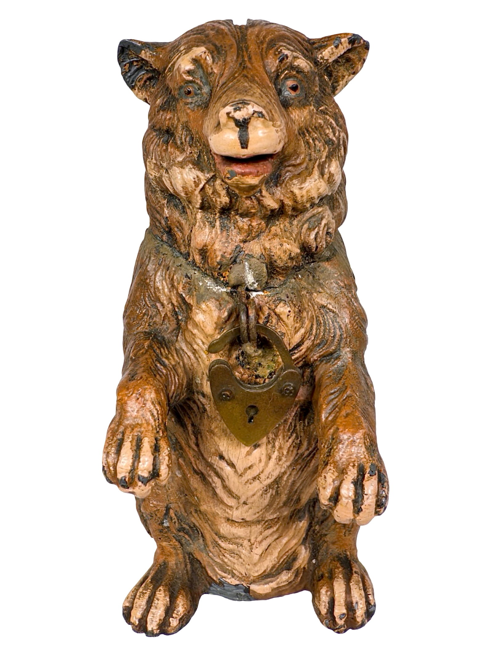 Begging Bear on his Hind Legs Spelter Bank: Very Scarce Unrecorded Form. Germany - Circa Early 1920's. 3 3/4" Tall x 4 3/8" Wide x 3" Deep. Bob and Shirley Peirce Collection.
