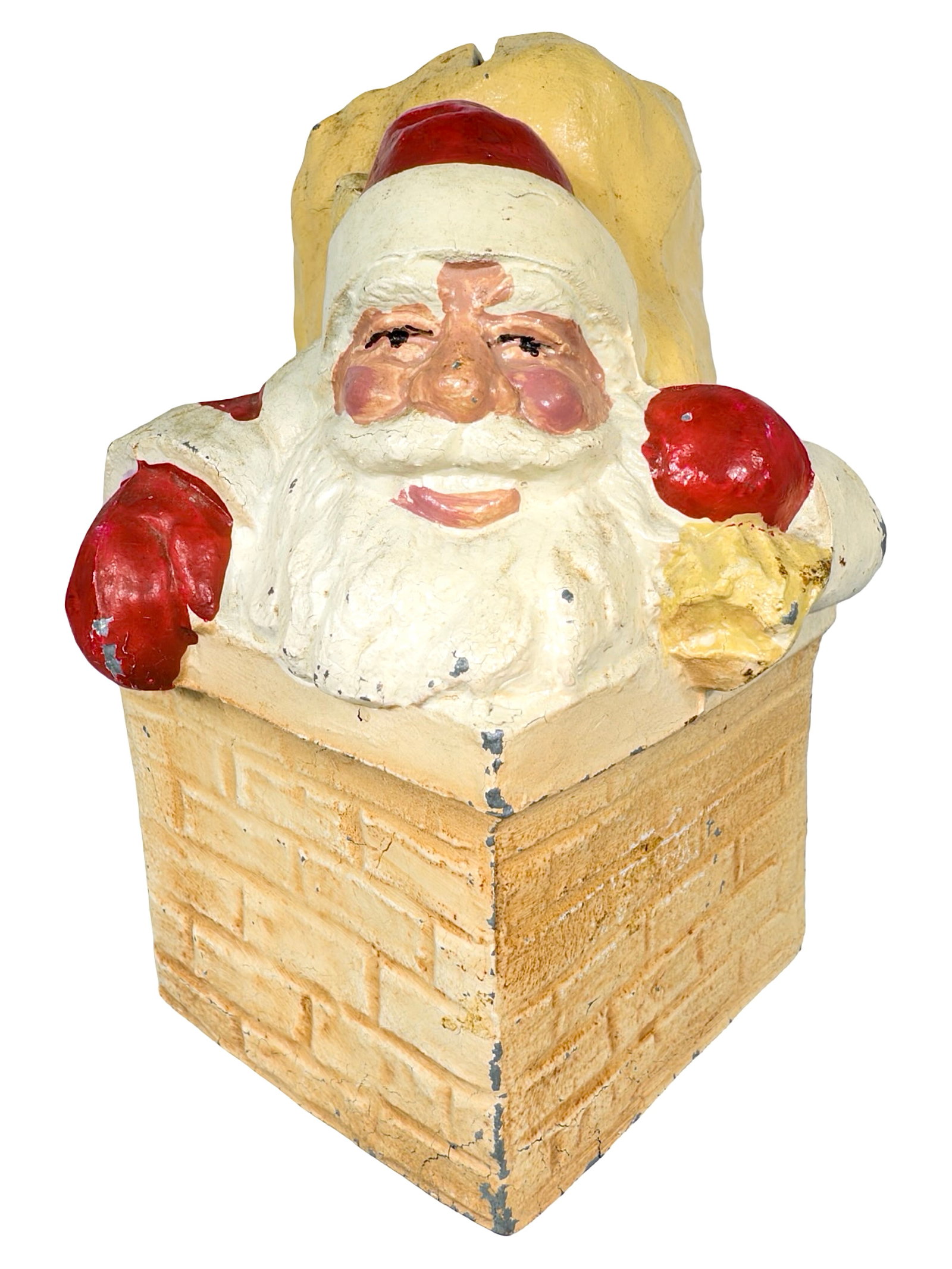 Santa Claus In the Chimney Bank - Rare White Metal Specimen: American - Circa Late 1930's. 4 3/4" Tall x 4" Wide x 3 3/4" Deep. Bob and Shirley Peirce Collection.