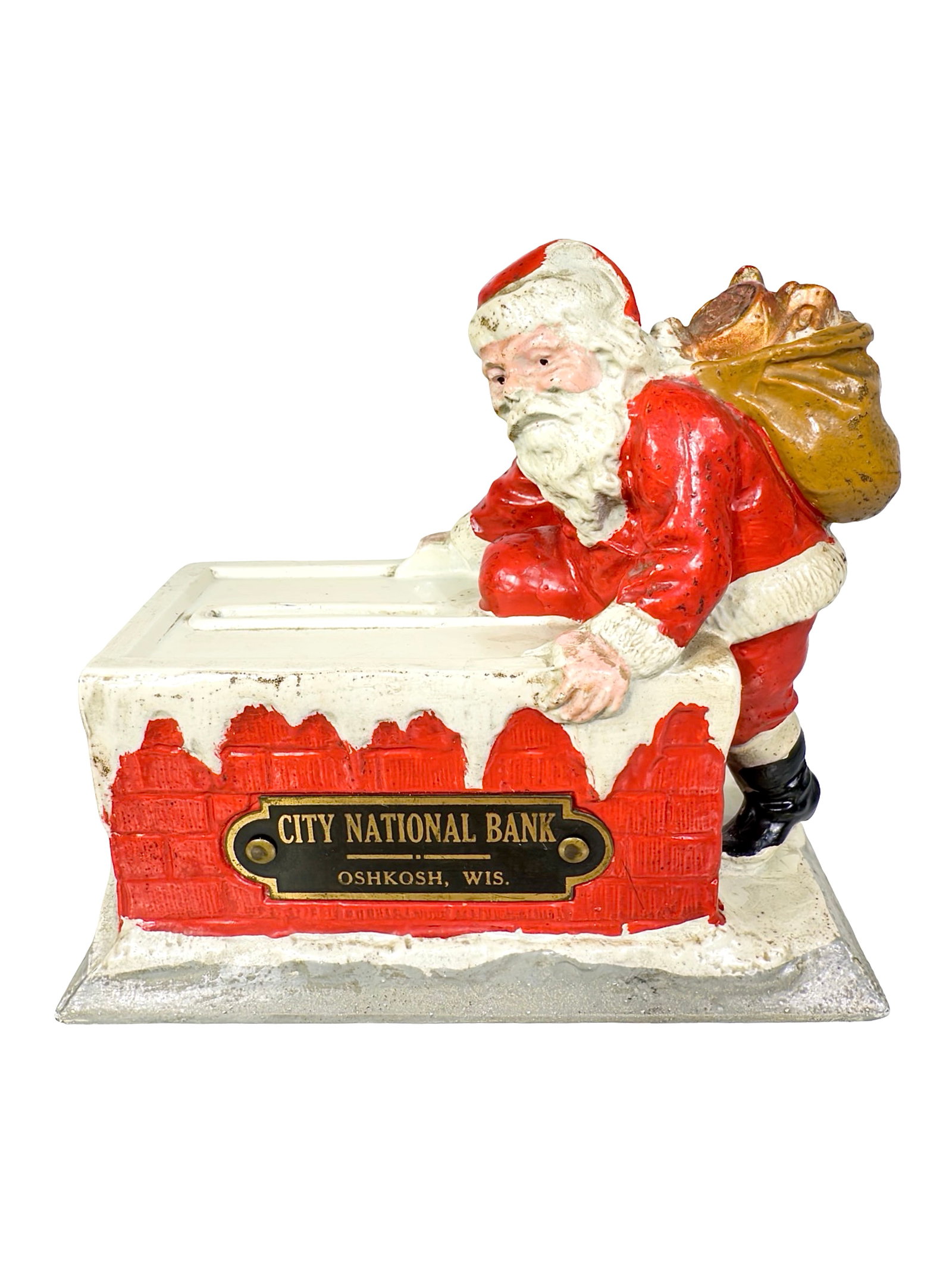 Santa Claus at the Chimney - Cast Lead with Key-Lock Trap: By The Miller Bank Service Co. American - Circa Late 1920's. 3 3/4" T x 4 1/2" W x 2 1/2" D. Bob and Shirley Peirce Collection.