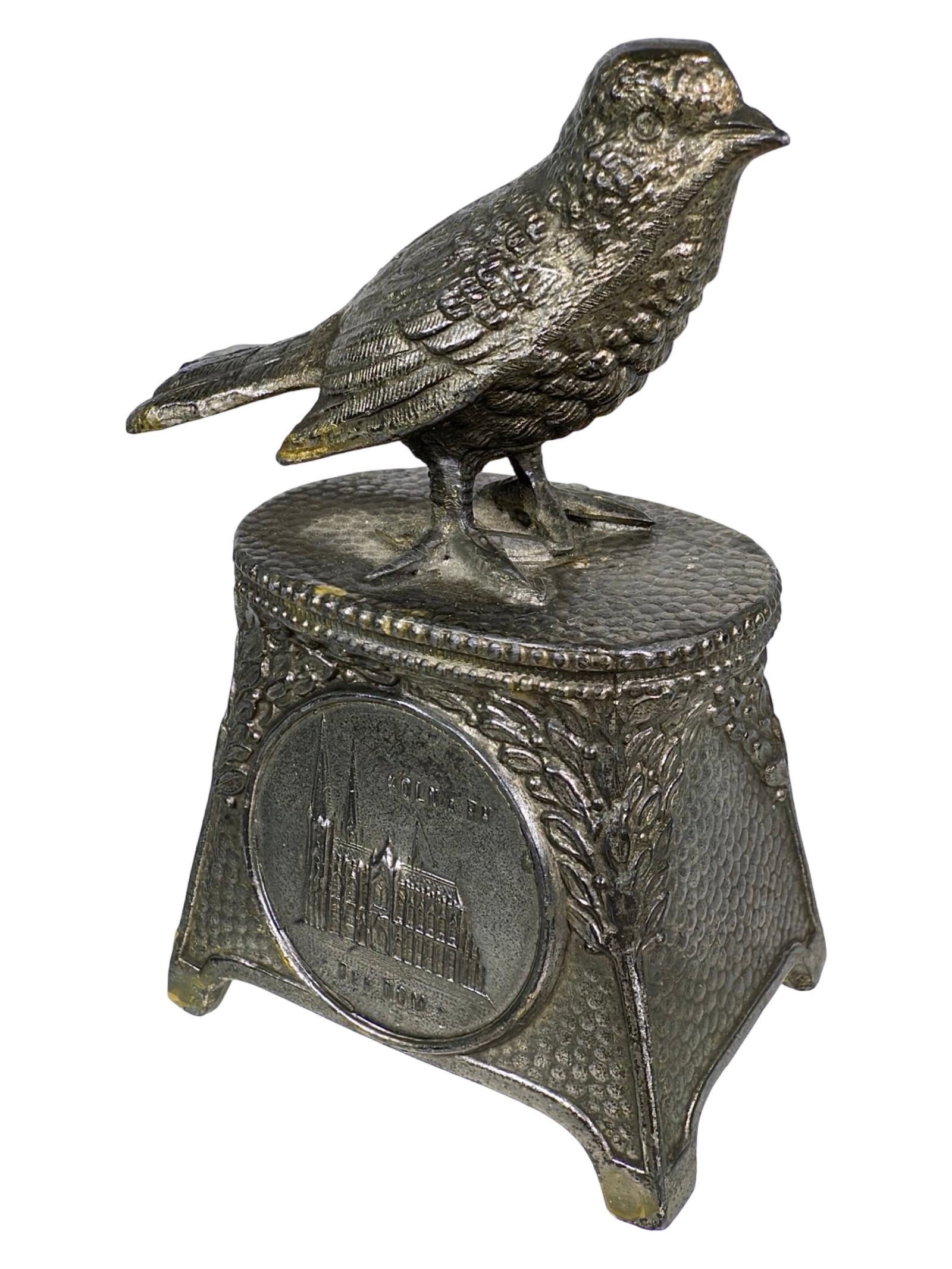 Silvered Lead Sparrow Still Bank: Medallion of Cologne Cathedral. Germany - Circa 1920's. 4" Tall x 2 1/2" Wide x 1 3/4" Deep.