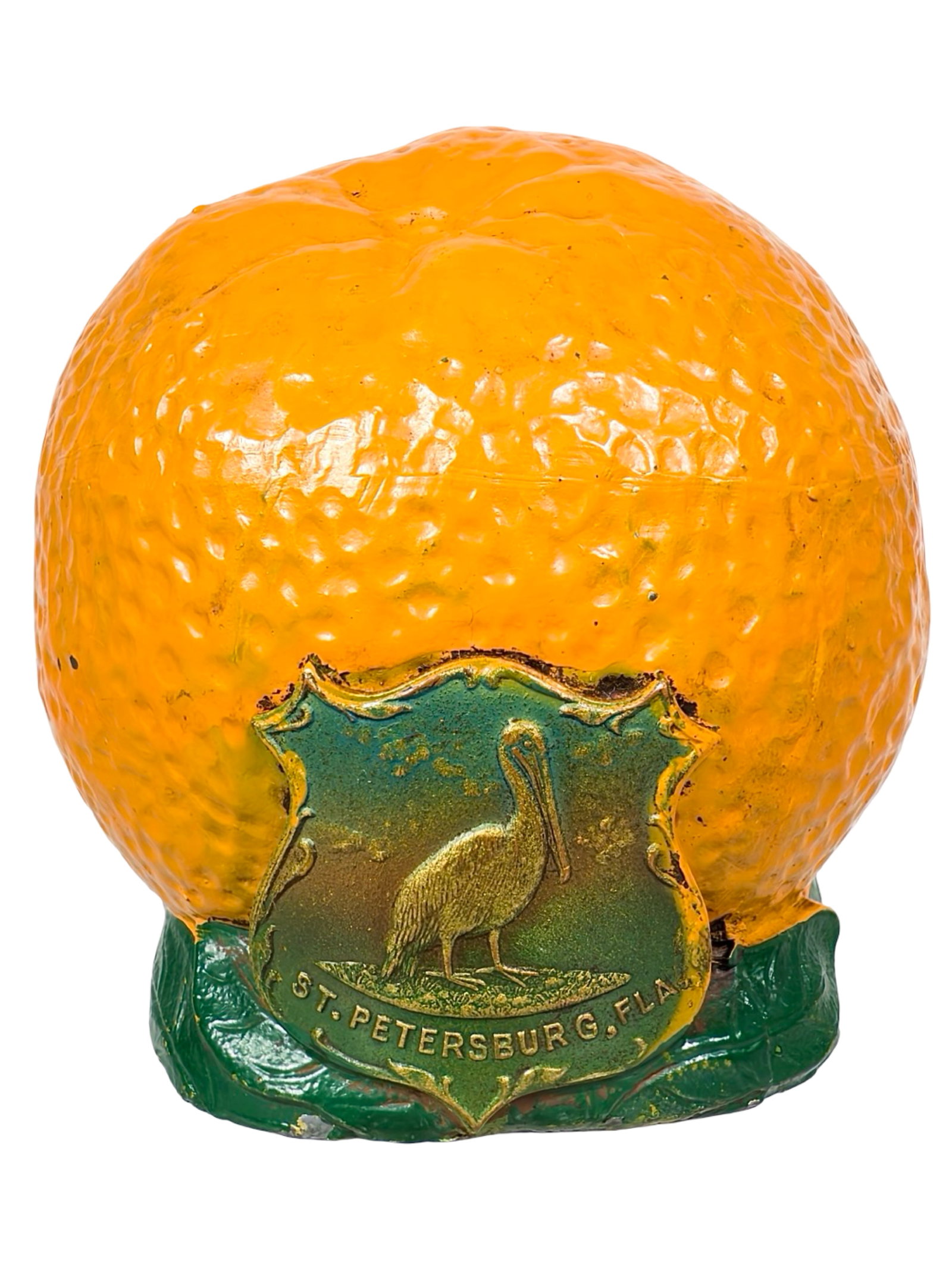 Cast Lead Orange Still Bank with St. Petersburg Medallion: American - 1940's. 3" Tall x 3" Circular.