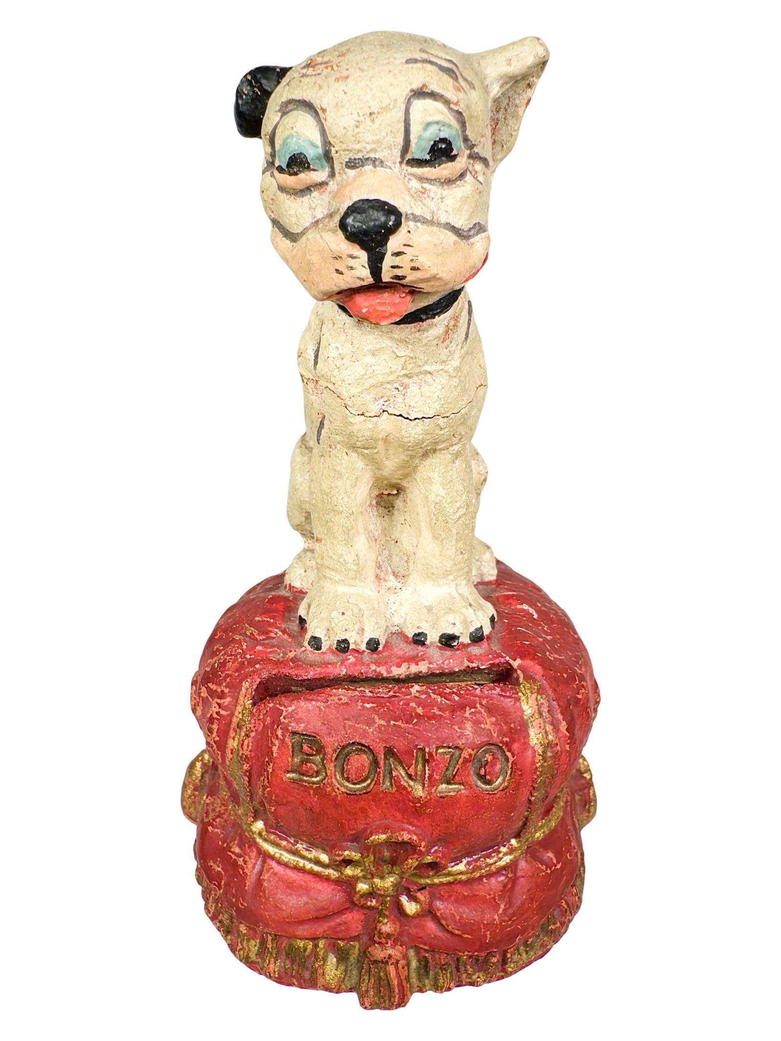 Smiling Bonzo on Red Pillow - A Rare Sawdust Composition Bank (1 of 5)