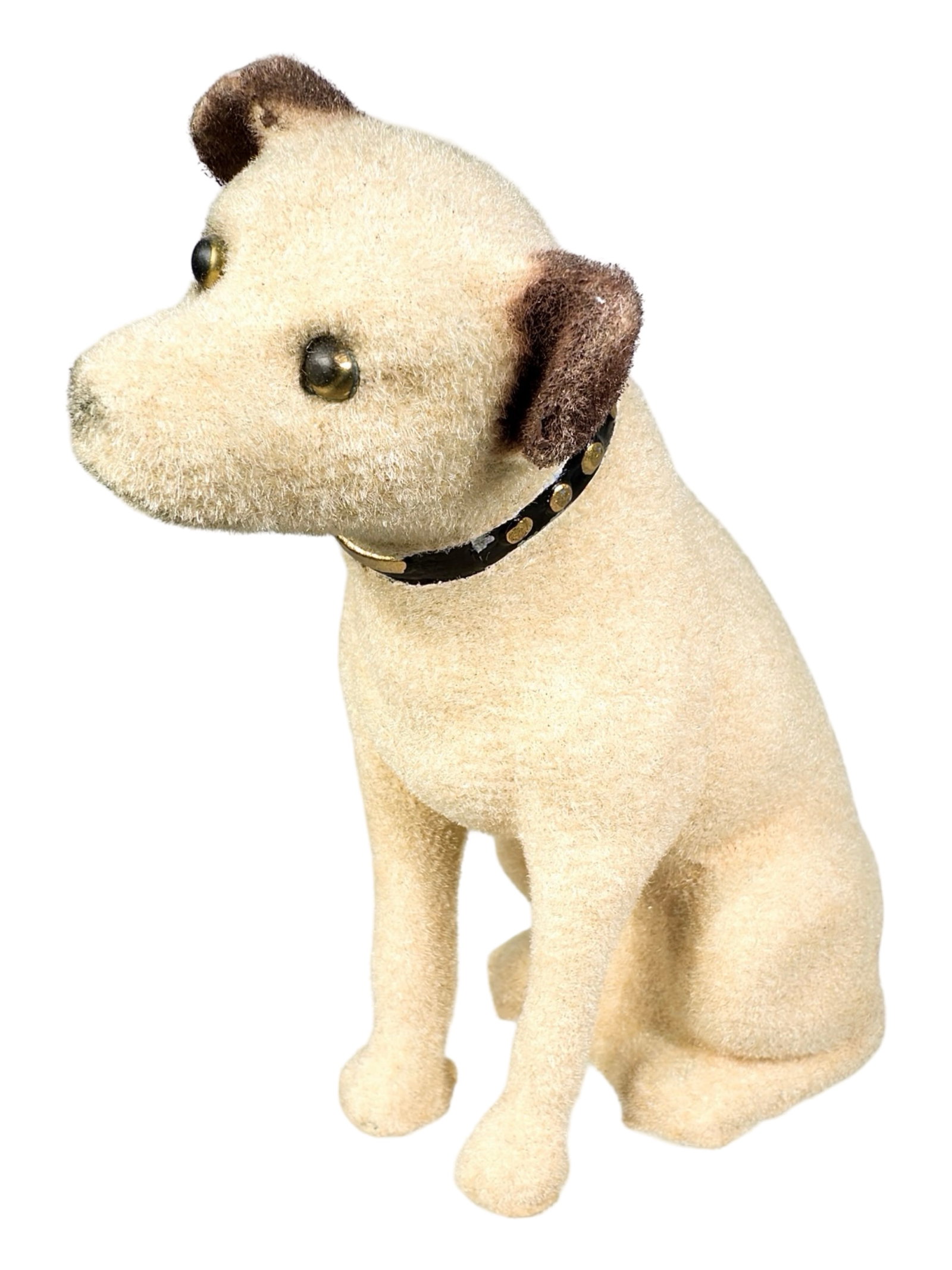 Nipper - His Master's Voice - Still Bank: Made of Flocked White Metal. Made by Radio Corp. America (RCA). American - Circa 1940's. 6" Tall x 3 3/4" Wide x 2 1/4" Deep. Bob and Shirley Peirce Collection.