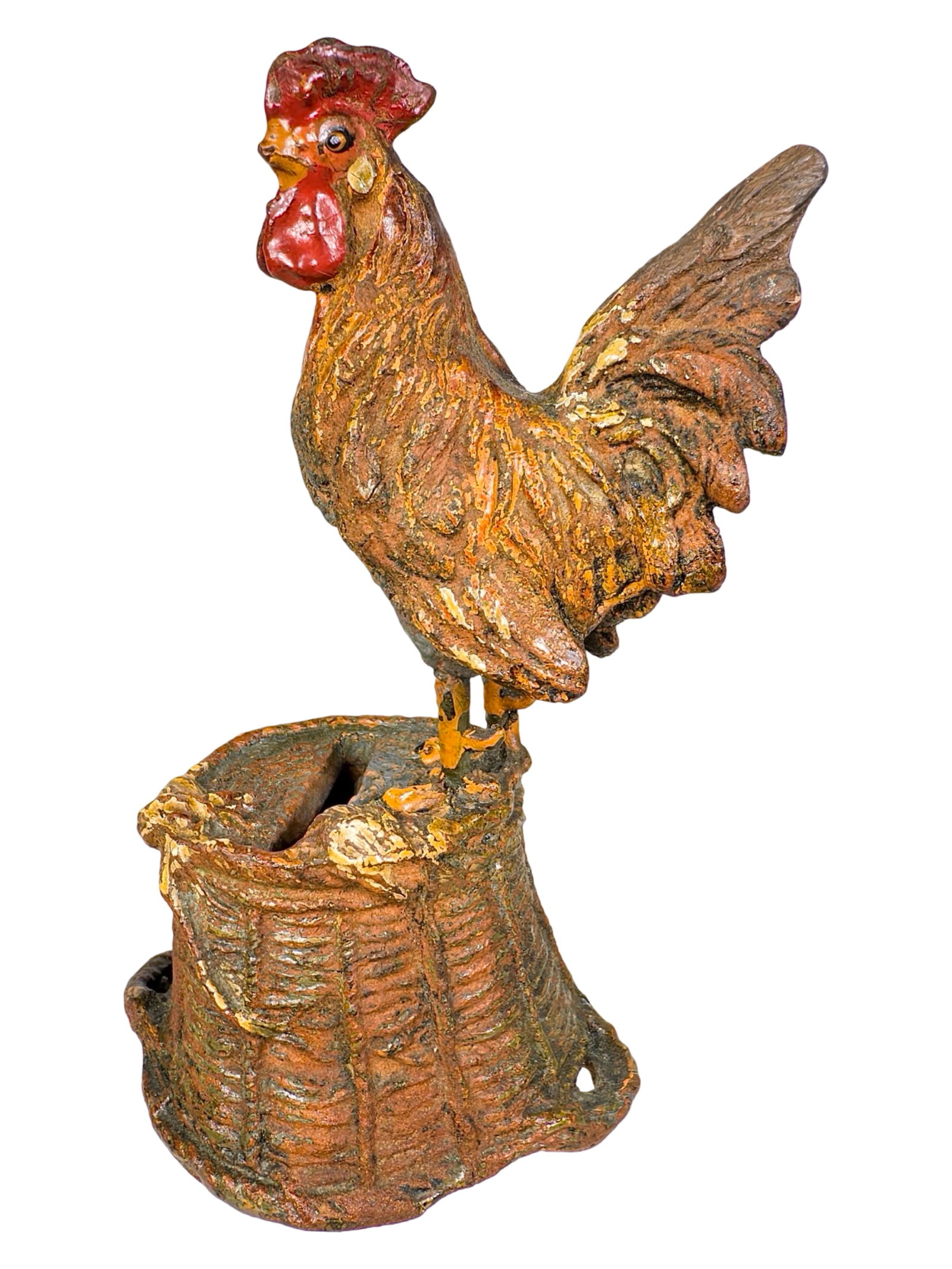 Rooster on Upturned Basket Still Bank: By Hausser Company for Elastolin. Germany - Circa 1930's. 5" Tall x 3" Wide x 2 1/2" Deep. Bob and Shirley Peirce Collection.