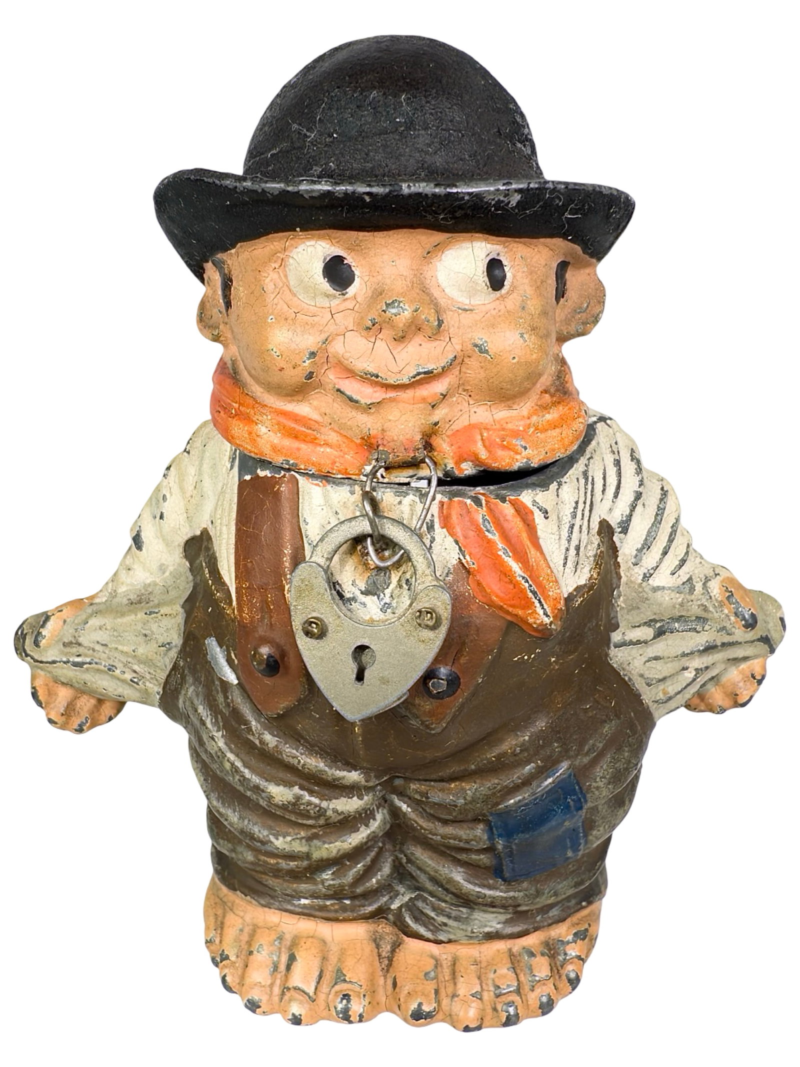 Beggar Boy with Empty Pockets Spelter Bank: Germany - 1920's. 3 3/4" Tall x 3 1/2" Wide x 2" Deep. Bob and Shirley Peirce Collection.