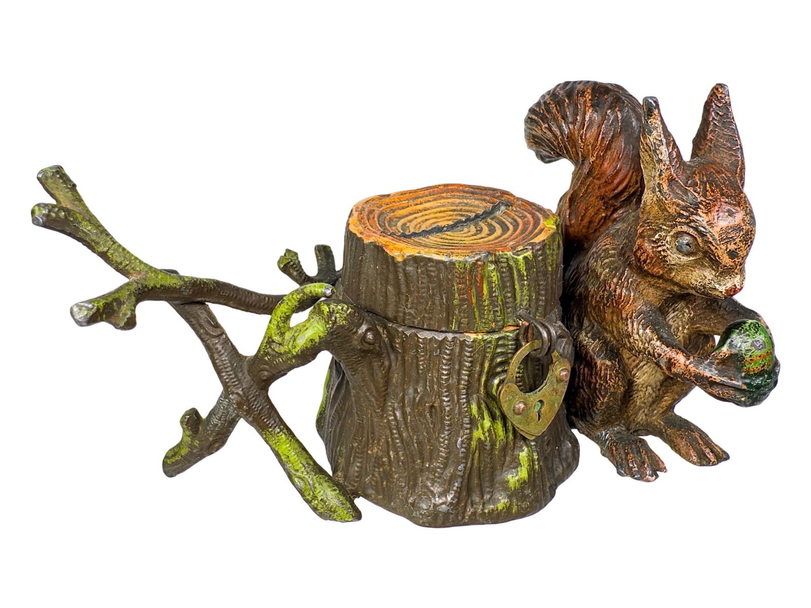 Squirrel with Nut Beside a Tree Stump and Vines Spelter Bank: Rare Unrecorded Example. Germany - 1920's. 2 1/4" Tall x 4" Wide x 1 3/4" Deep. Bob and Shirley Peirce Collection.