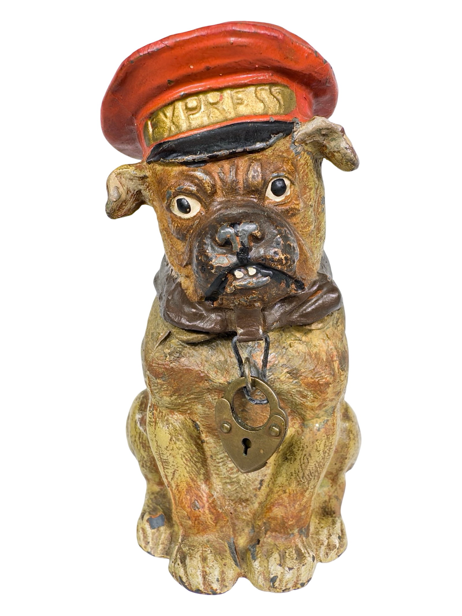 Pug Dressed as a Red Cap Porter Spelter Bank: Germany - 1920's. 4 1/4" Tall x 2" Wide x 2 1/2" Deep. Bob and Shirley Peirce Collection.