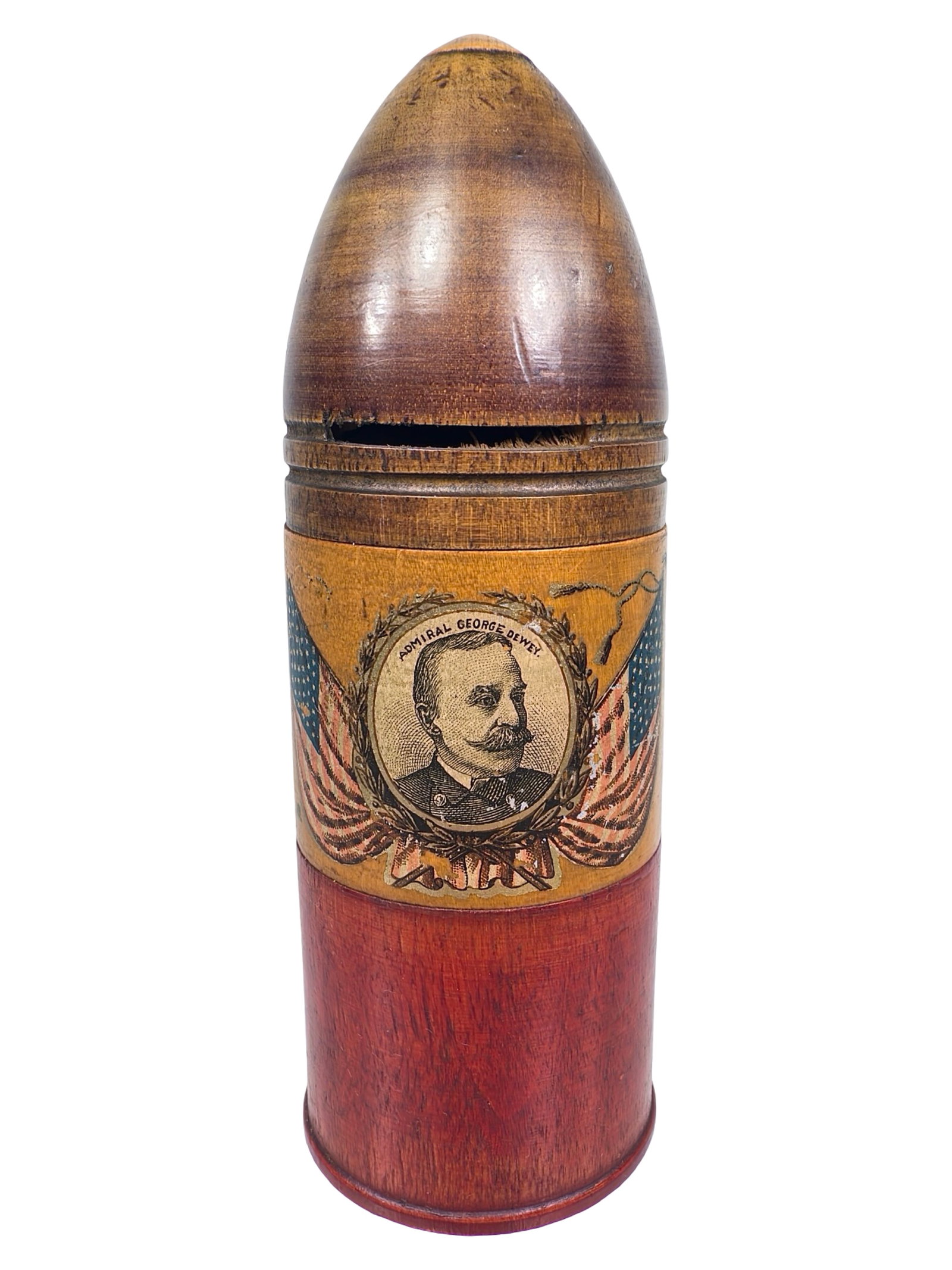 Admiral George Dewey Wooden Shell Bank: American - 1880's. 6" Tall x 2 1/4" Wide. Bob and Shirley Peirce Collection.