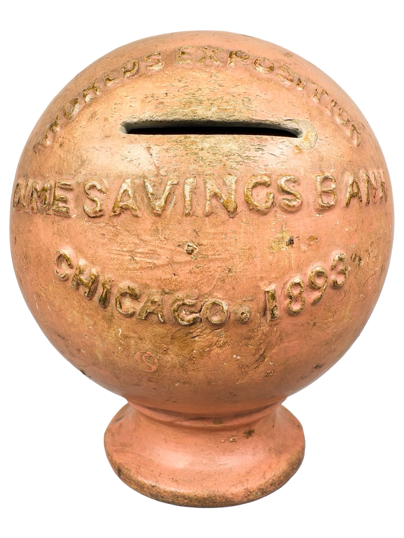 Worlds Exposition - Dime Savings Bank: Chicago - 1893. Made of Pottery. 6" Tall x 5" Wide. Bob and Shirley Peirce Collection.