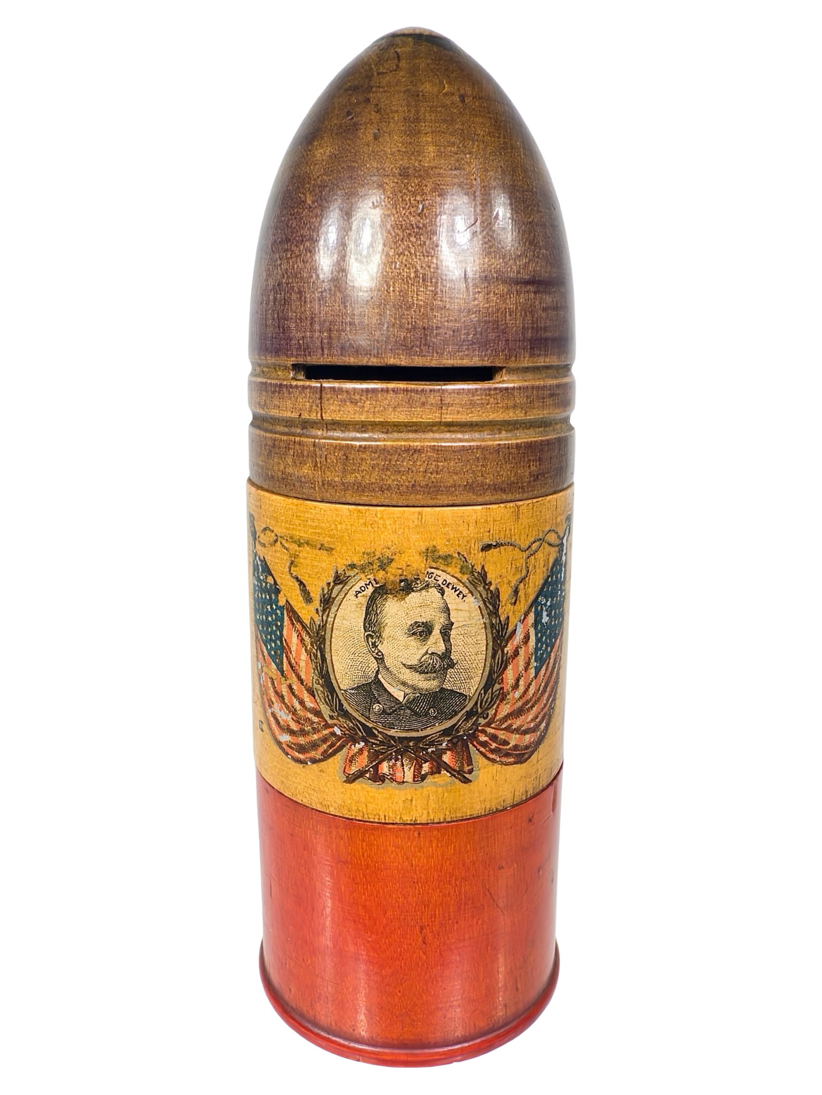 Admiral George Dewey Wooden Shell Bank: American - 1880's. 6 3/4" Tall x 2 1/2" Wide. Bob and Shirley Peirce Collection.
