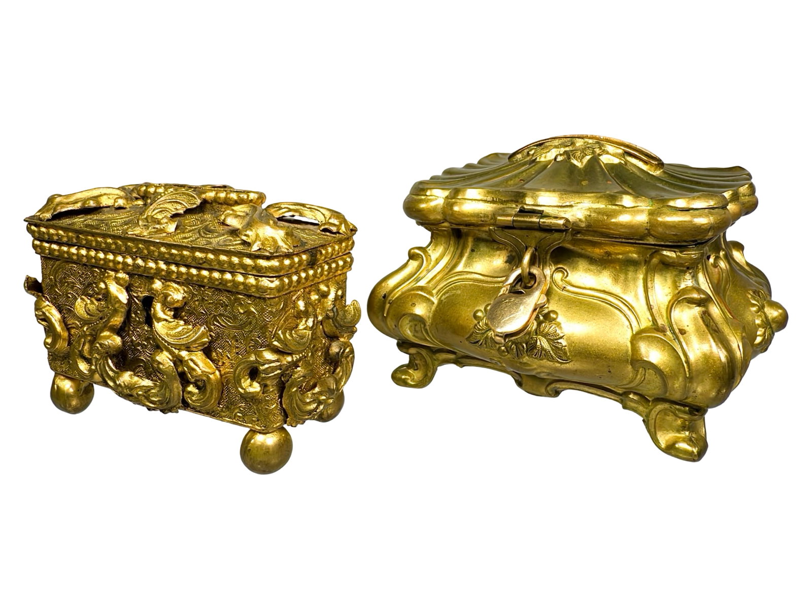Two Gilt Casket Banks: Vienna - 1880's - 2 1/2" T x 3 3/4" L. Bob and Shirley Peirce Collection.