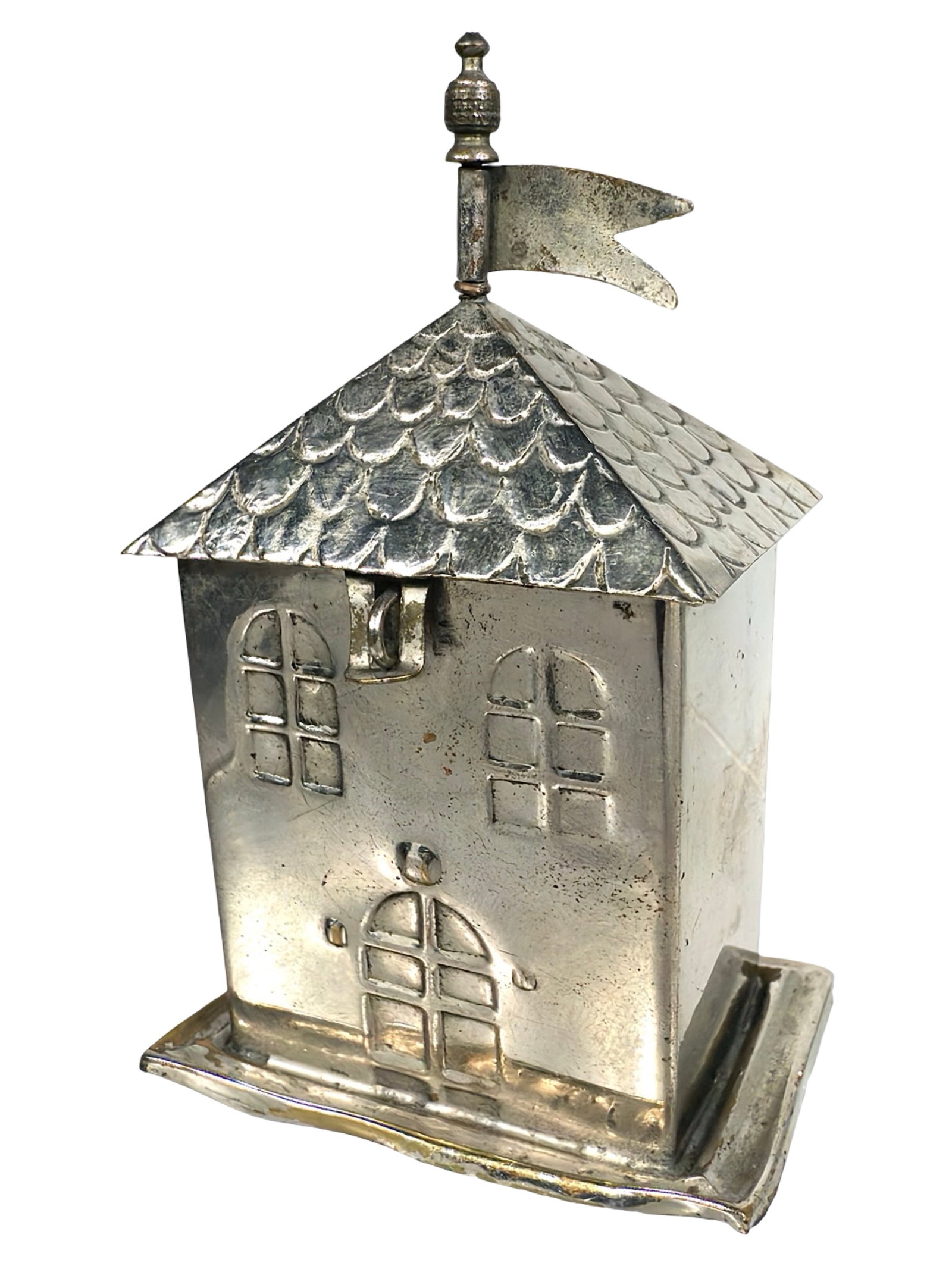 Two Story Building with Flag - Unusual Silver Plate Still Bank: European - 1910 - 4" T x 2 5/8" L. Bob and Shirley Peirce Collection.