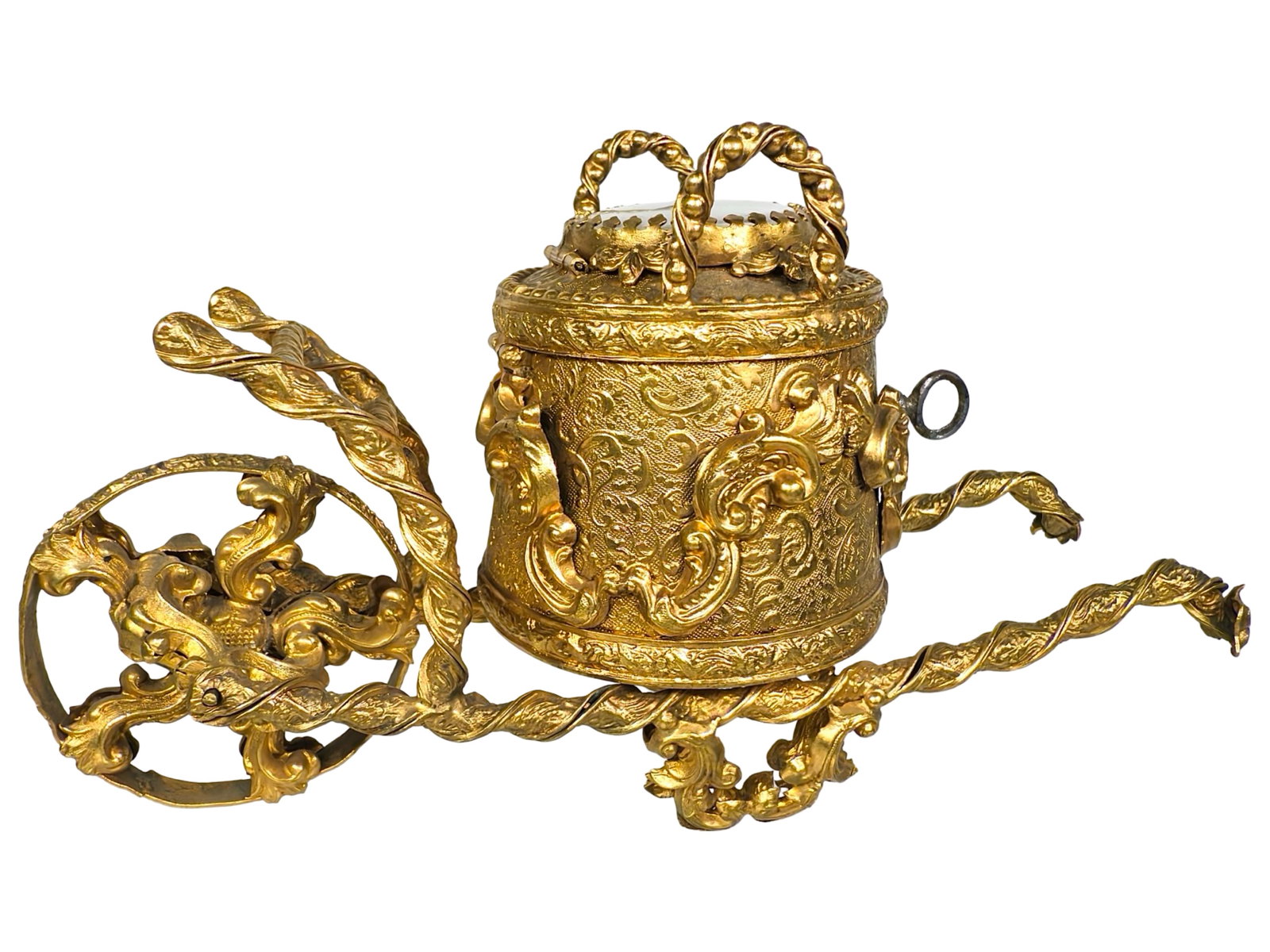 Important Gilt Wheelbarrow Bank: Vienna - 1880's - 3 5/8" T x 6 3/4" L. Bob and Shirley Peirce Collection. Among toy banks, this is one of the most exciting examples of craftsmanship to ever come on the market. The complex twisting a