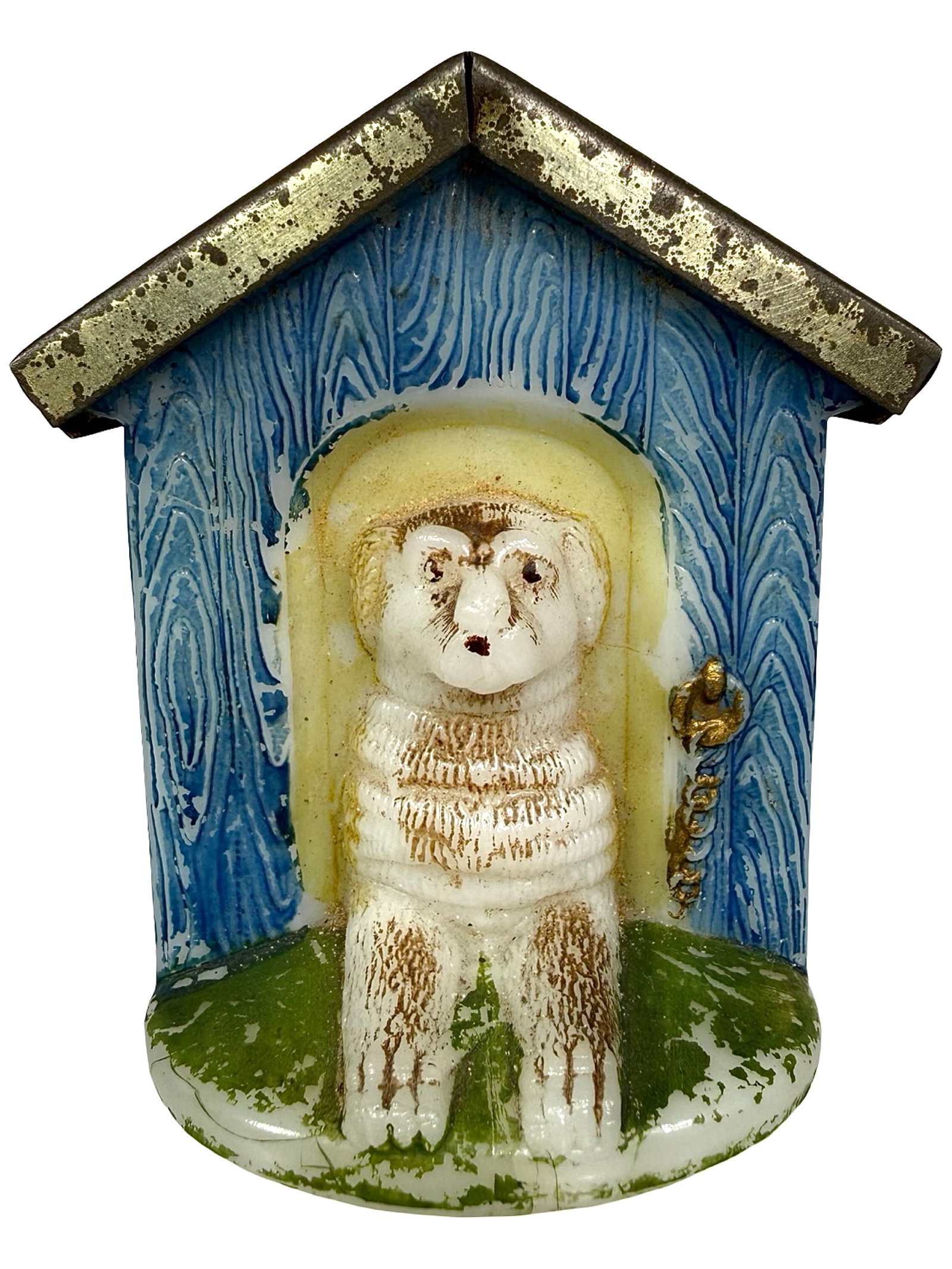 Milk Glass & Tin Roof Doghouse Still Bank: Bank originally used as Candy Box. USA - 1910's - 2 1/2" T x 1 3/4" W. Bob and Shirley Peirce Collection.