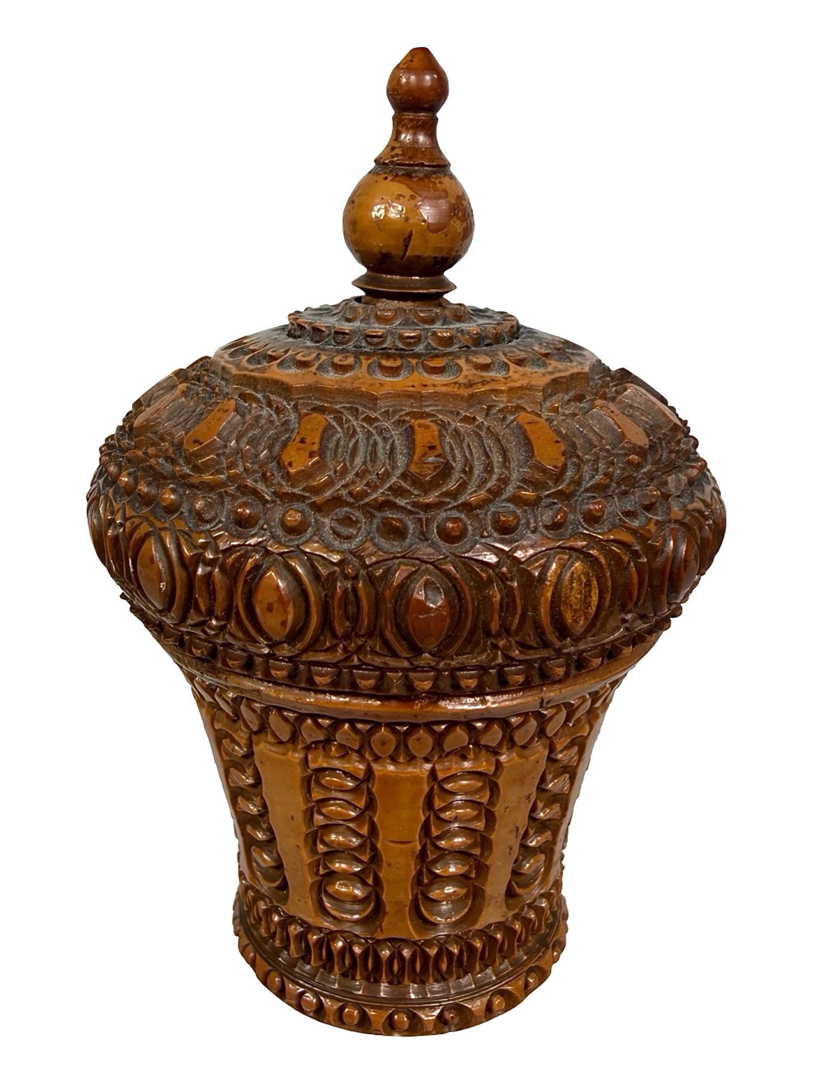Intricately Carved Nut Still Bank: Black Forest Region of Germany. Circa 1875 - 3 1/8" T x 2" Wide. Bob and Shirley Peirce Collection.