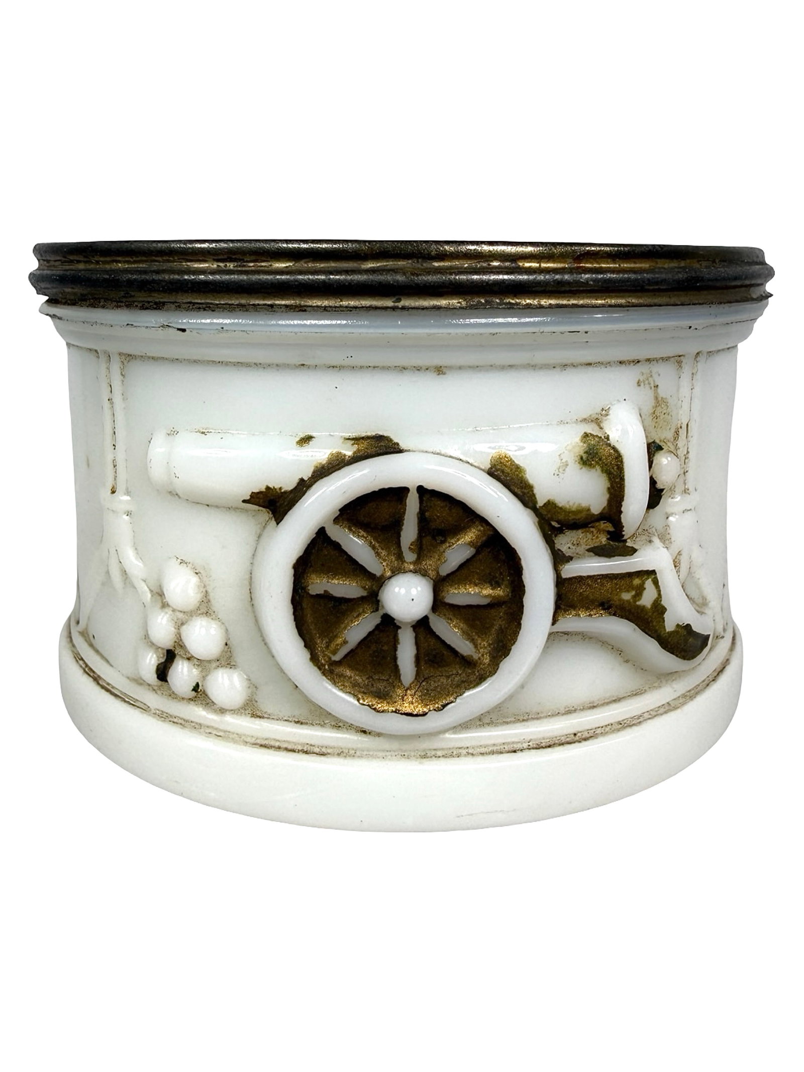 Milk Glass & Tin Drum Bank: Originally used as a Candy Box. USA - 1909 - 1 3/4" T x 3" D. Bob and Shirley Peirce Collection.
