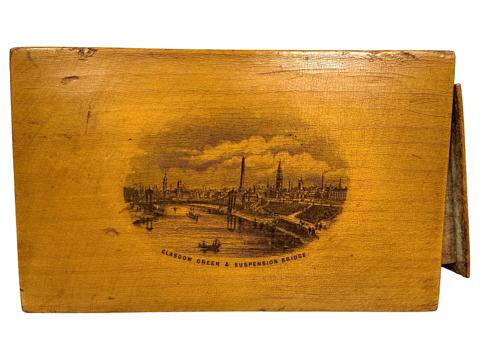 Mauchline Ware Bank - Trick Drawer Semi-Mechanical Action: Circa 1900. Scene Depicts a Bridge in Glasgow. England - 2 3/8" T x 4" W x 2 1/2" D. Bob and Shirley Peirce Collection.