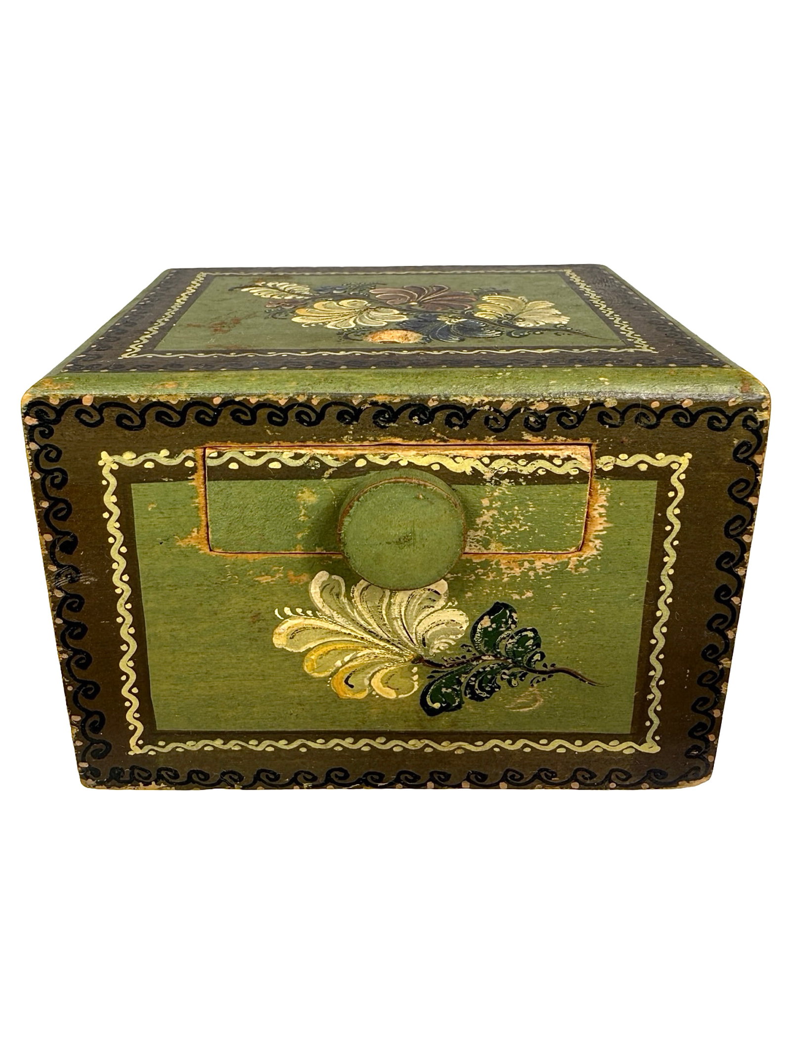 Rosemaled Trick Drawer Bank: Given as a Present March 8, 1945. Bavaria - 2 3/8" T x 3 1/2" w x 2 1/2" D. Bob and Shirley Peirce Collection.