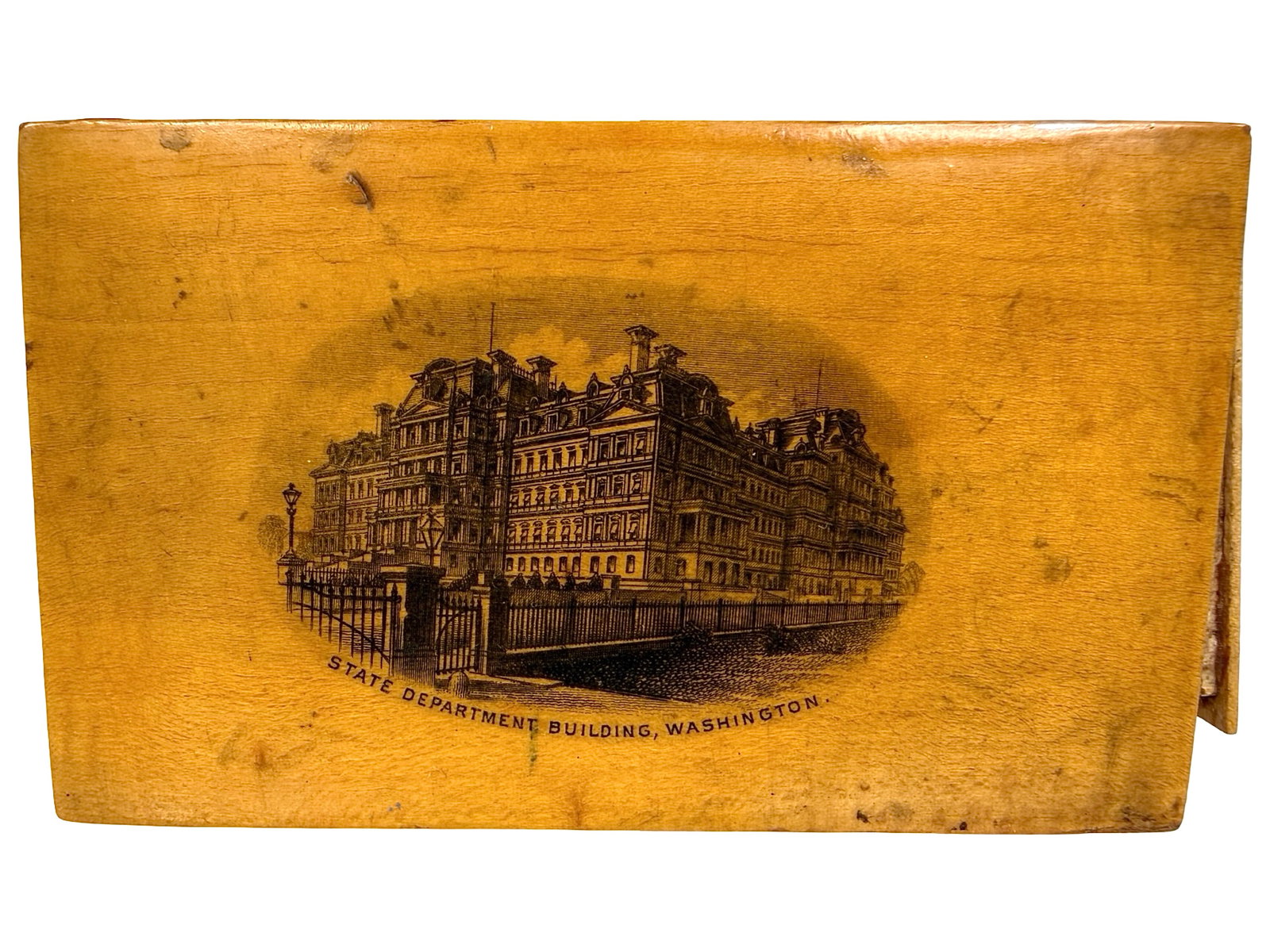 Mauchline Ware Bank - Trick Drawer Semi-Mechanical Action: Scene Depicts State Dept. Washington. England - 2 3/8" T x 4" w x 2 1/2" D. Bob and Shirley Peirce Collection.