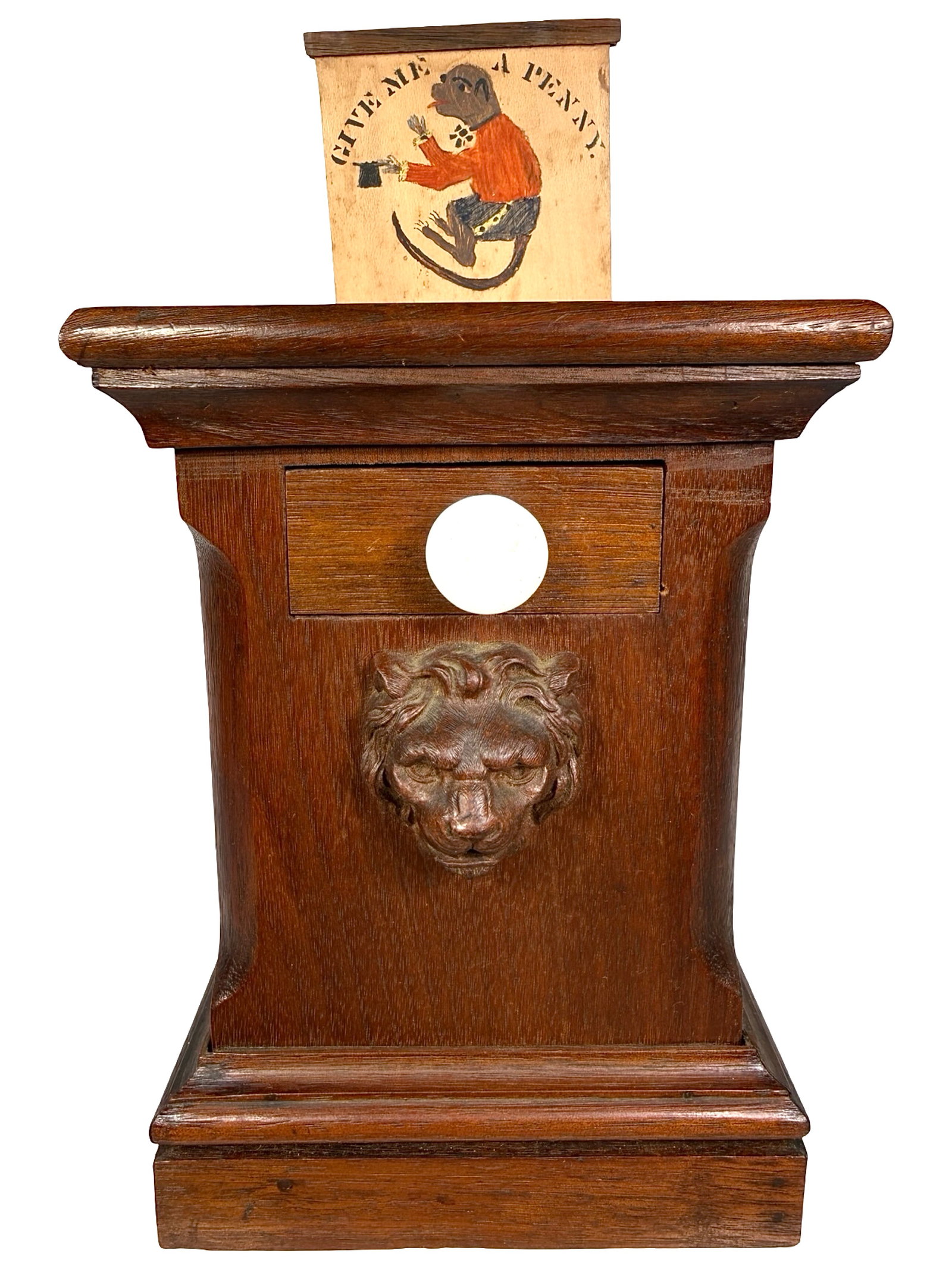 "Give Me a Penny" - Rare Trick Drawer Bank: Made by Friend W. Smith. Bridgeport, Ct. - Early 1870's. 7" Tall x 4 3/4" Wide x 4 3/4" Deep. Bob and Shirley Peirce Collection.