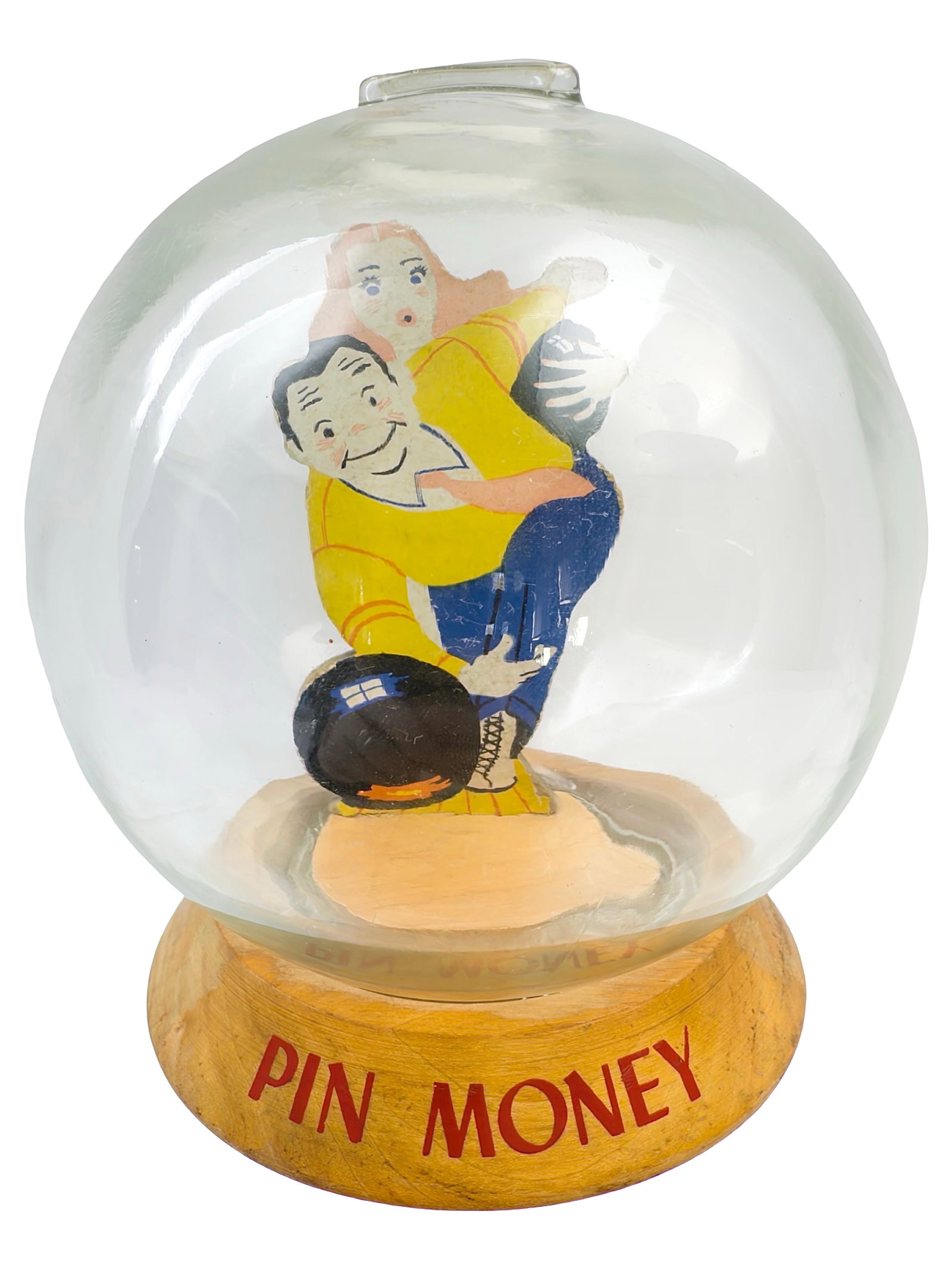 "Pin Money" - Right Hand Bowler with Lady Standing Behind Him - Bubble Bank: Made by the Vic Moran Company. Bradford, Pennsylvania - Ca. 1950. 7" Tall x 6" Wide. Bob and Shirley Peirce Collection.