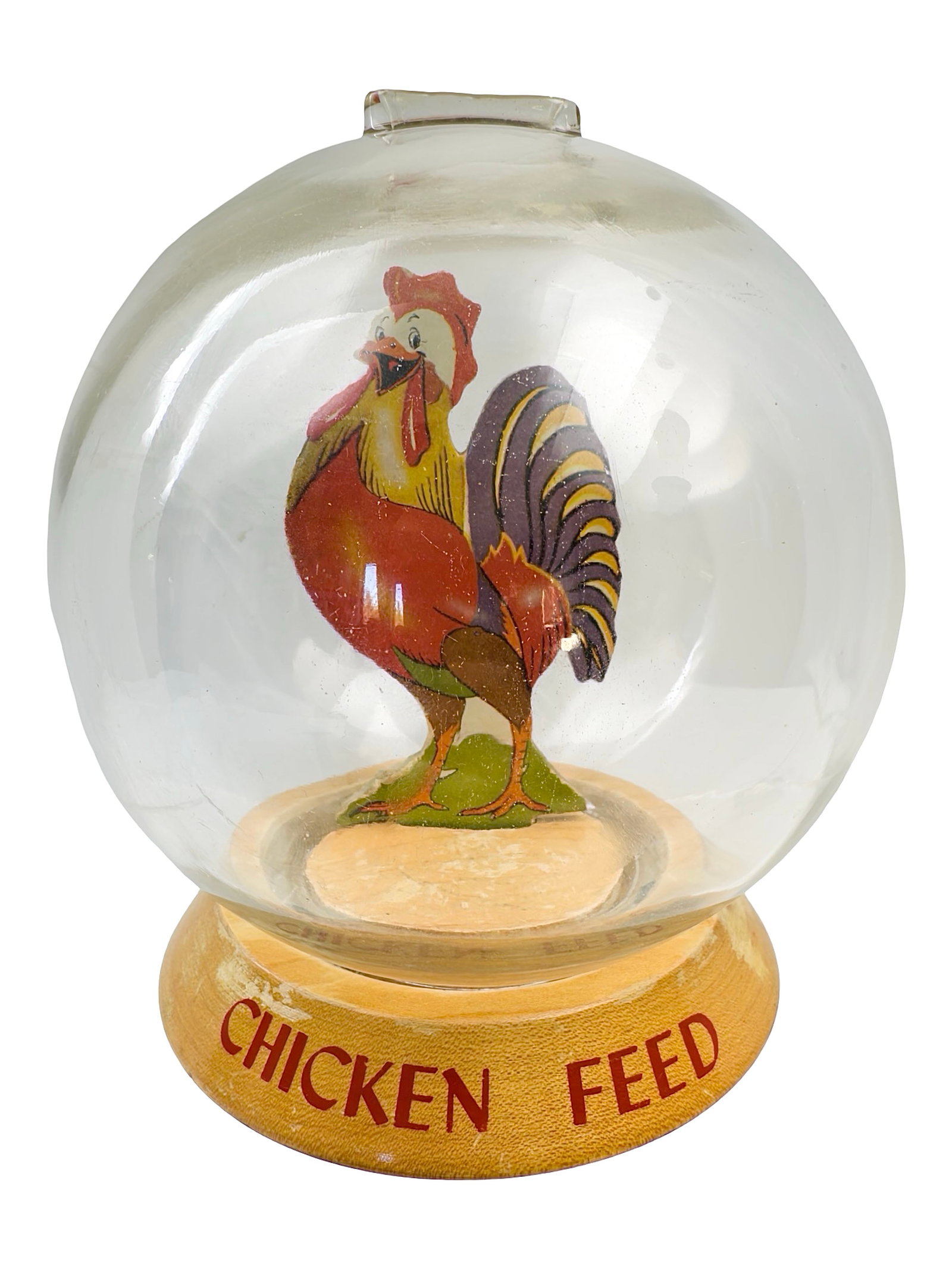 "Chicken Feed" the Rooster Bubble Bank: A play on words for "Money". Made by the Vic Moran Company. Bradford, Pennsylvania - Ca. 1950. 7" Tall x 6" Wide. Bob and Shirley Peirce Collection.