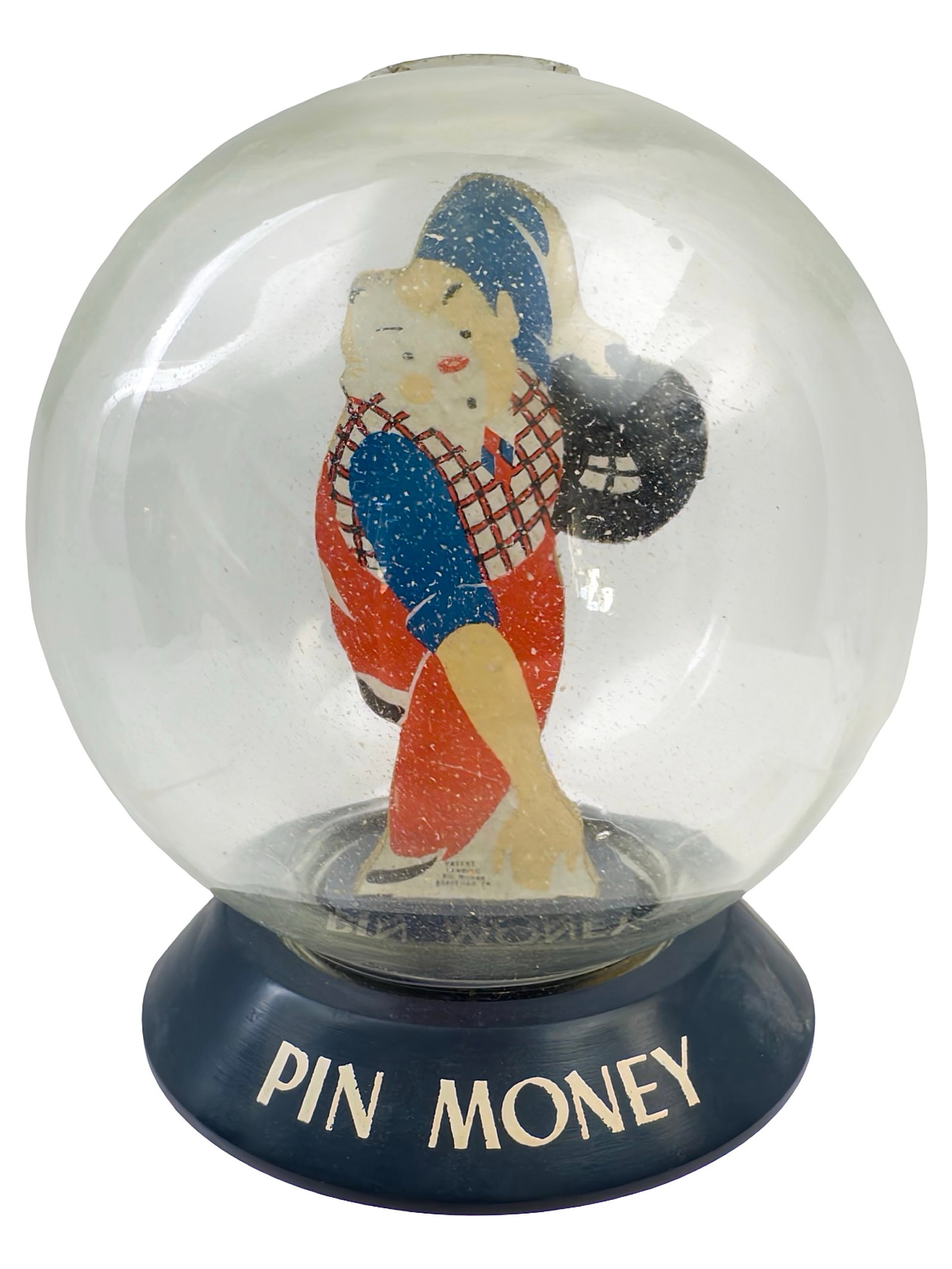 "Pin Money" - Left Hand Bowler Bubble Bank: Rare Early Two-Part Back Base. Made by the Vic Moran Company. Bradford, Pennsylvania - Ca. 1948. 7" Tall x 6" Wide. Bob and Shirley Peirce Collection.