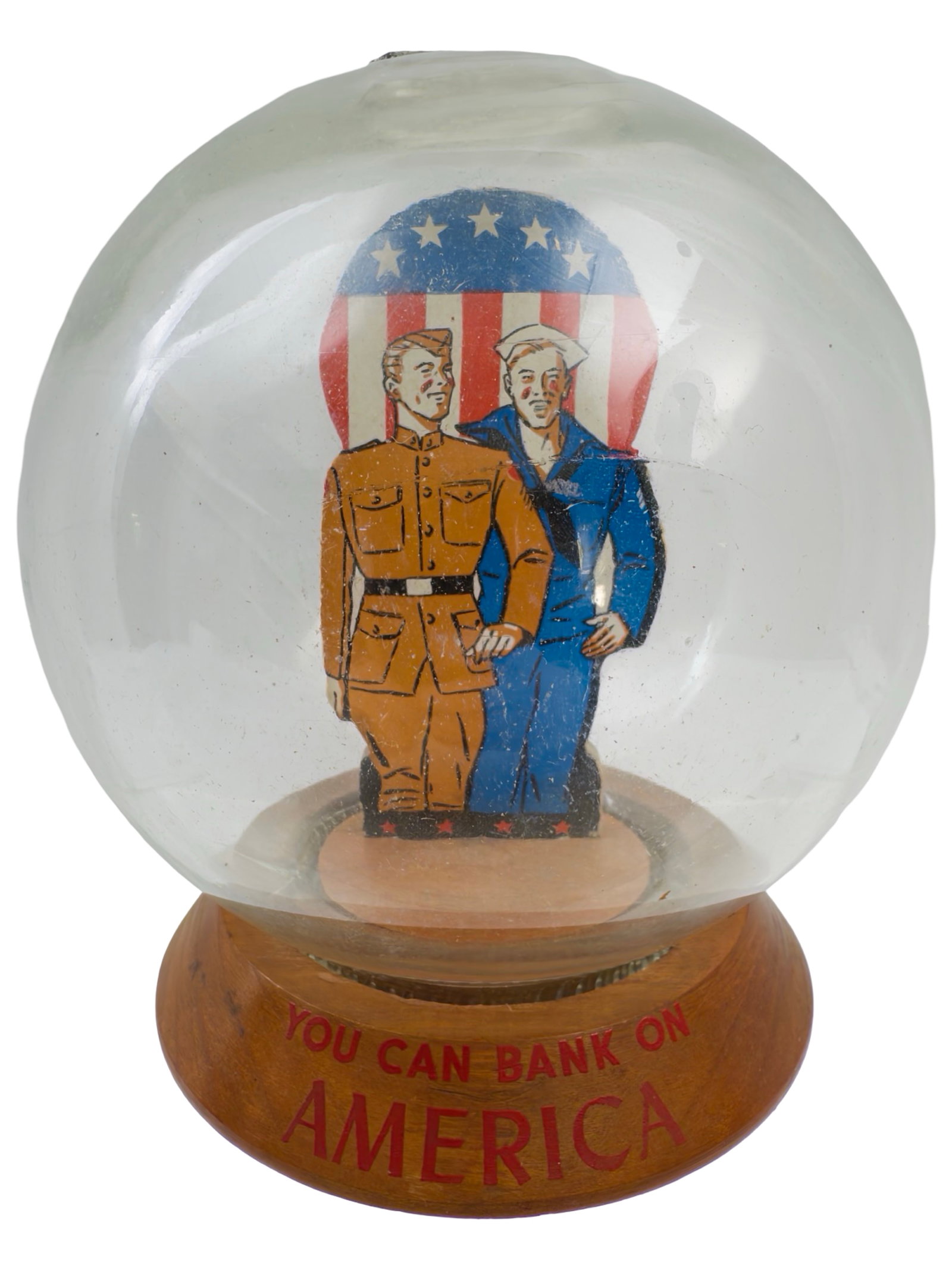 "You Can Bank on America" Bubble Bank: Soldier & Sailor in front of Chevron. Made by the Vic Moran Company. Bradford, Pennsylvania - Ca. 1950. 7" Tall x 6" Wide. Bob and Shirley Peirce Collection.