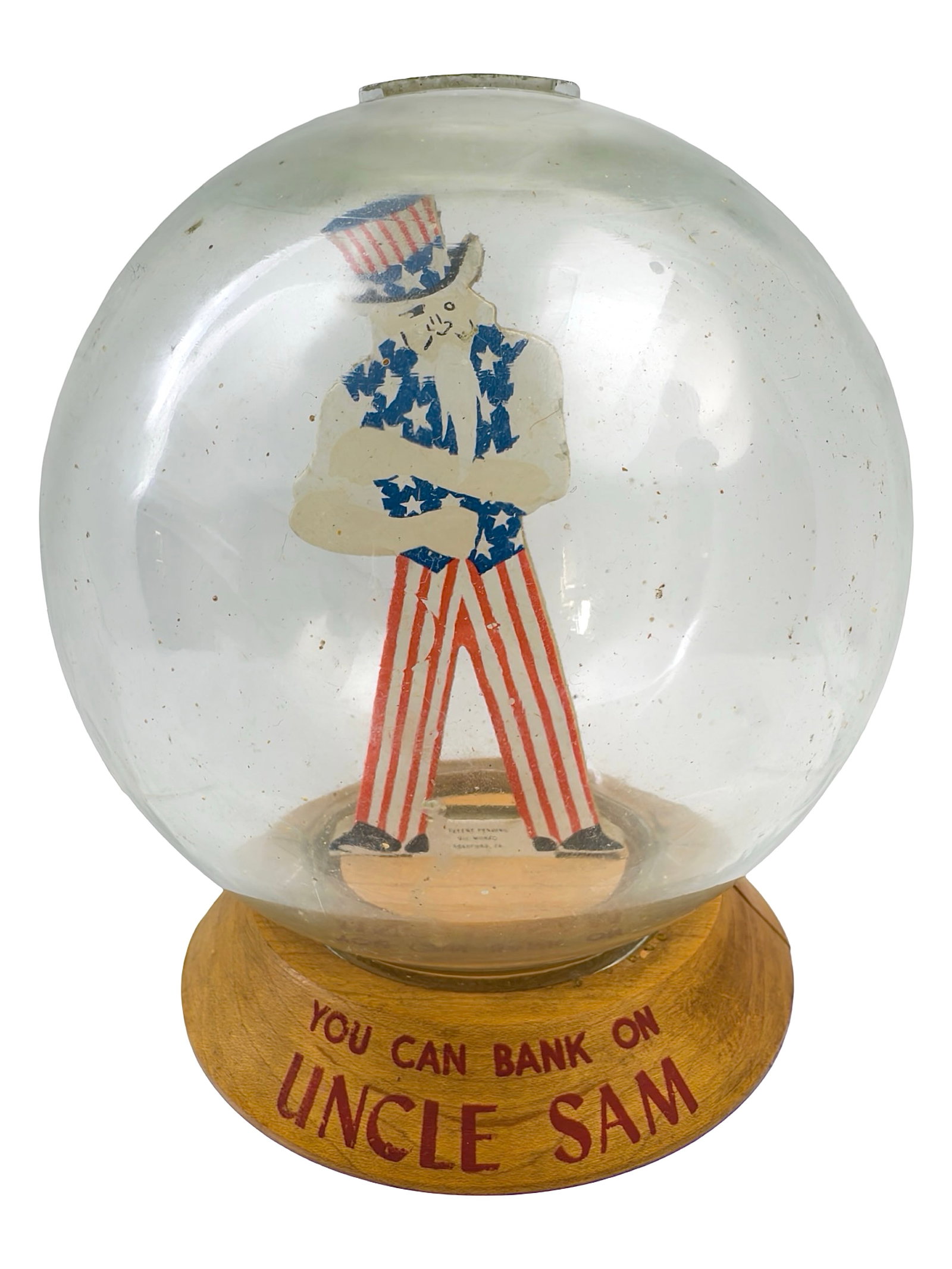 "You Can Bank on Uncle Sam" Bubble Bank: Rolling his sleeves up for a fight. Made by the Vic Moran Company. Bradford, Pennsylvania - Ca. 1950. 7" Tall x 6" Wide. Bob and Shirley Peirce Collection.