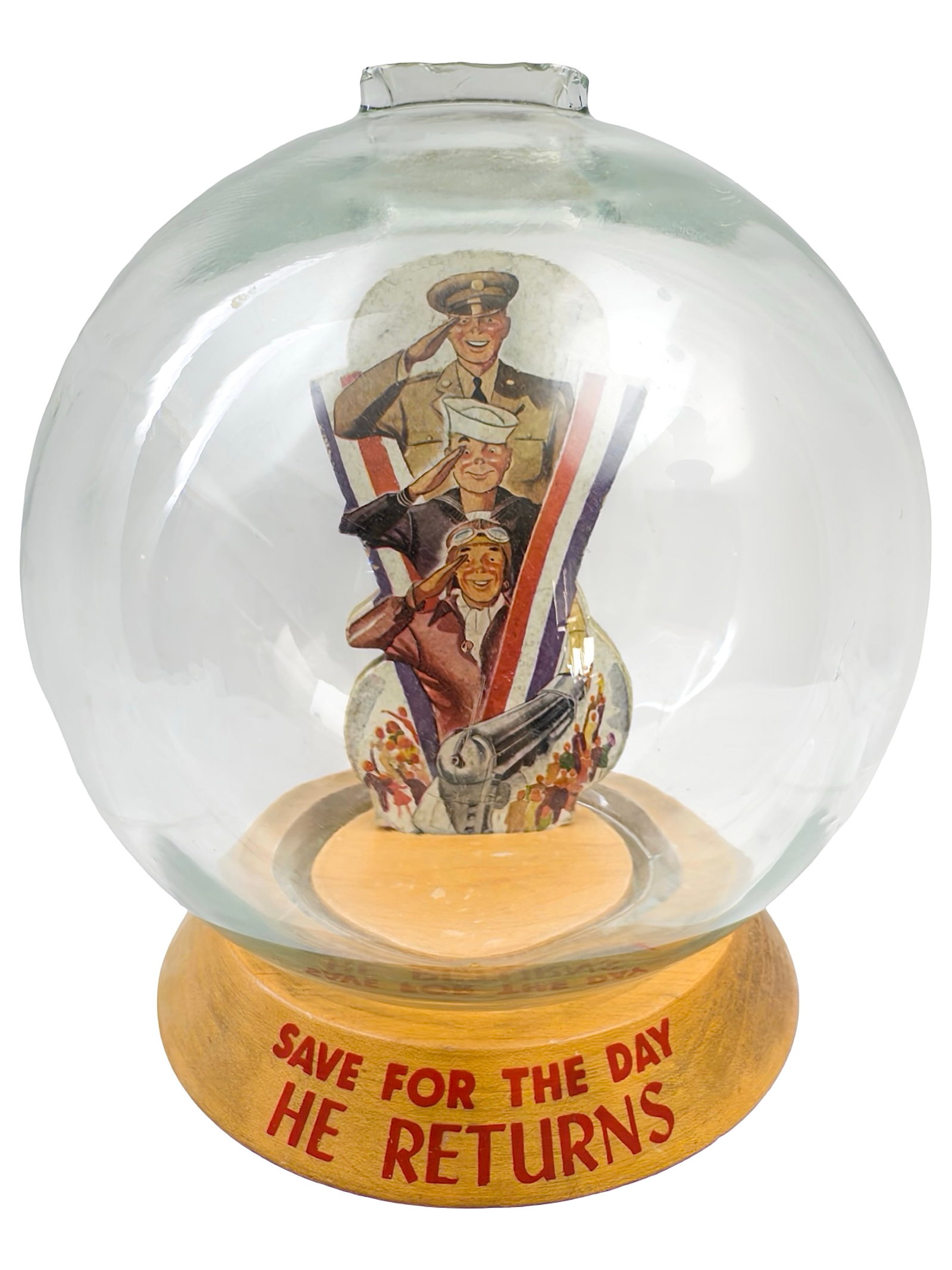 "Save for the Day He Returns" Bubble Bank: Army, Navy and Air Force Men. Made by the Vic Moran Company. Bradford, Pennsylvania - Ca. 1950. 7" Tall x 6" Wide. Bob and Shirley Peirce Collection.