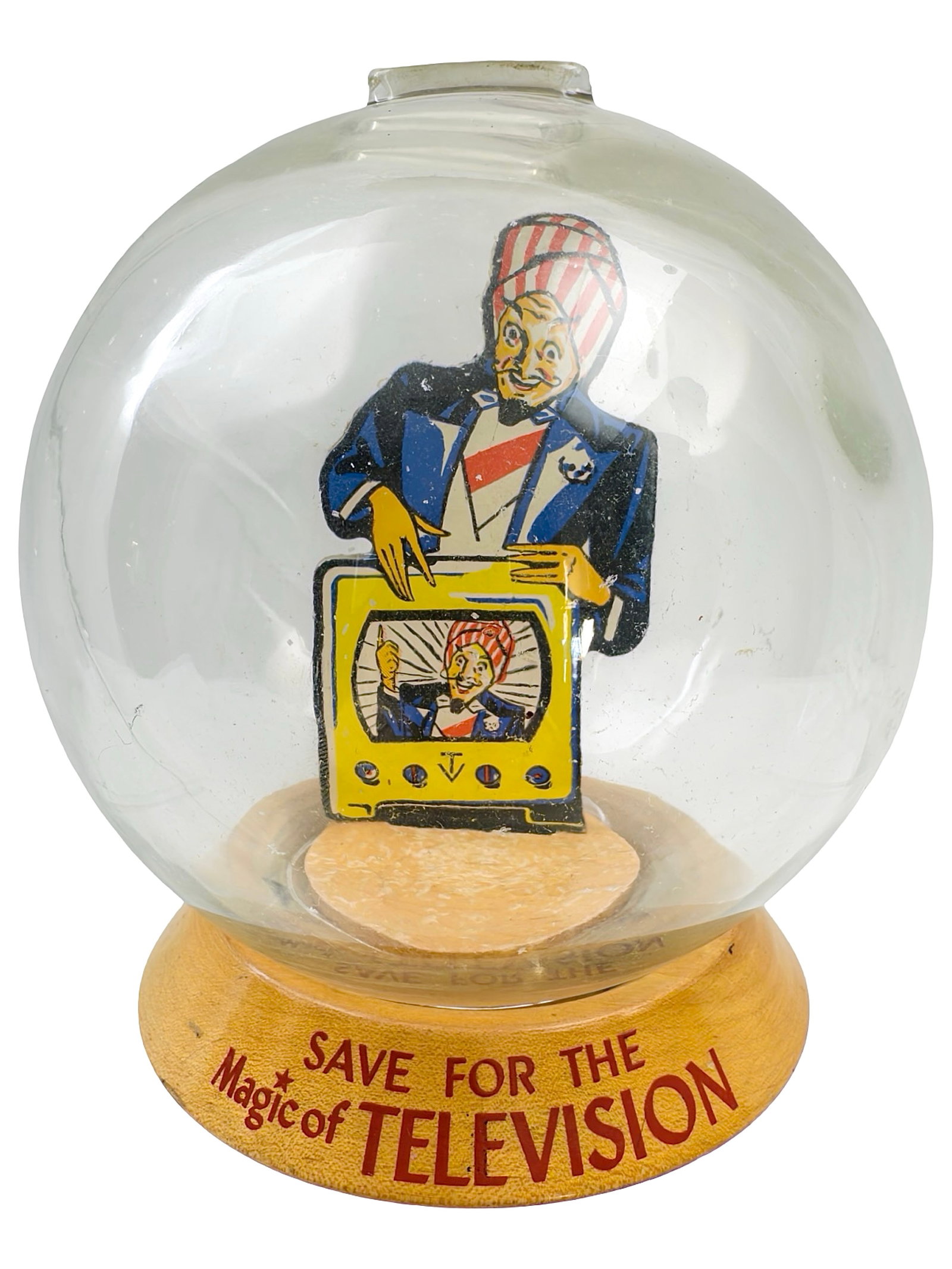 "Save for the Magic of Television" Bubble Bank: The Magician on TV and in Person. Made by the Vic Moran Company. Bradford, Pennsylvania - Ca. 1950. 7" Tall x 6" Wide. Bob and Shirley Peirce Collection.