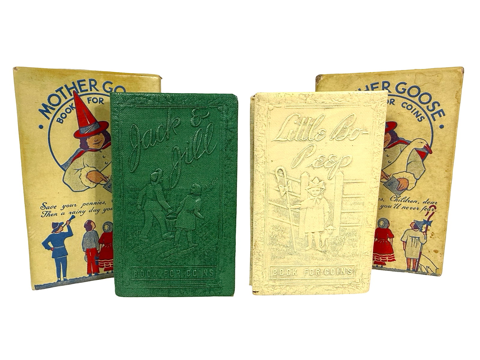 Two Book Banks with Boxes: Little Bo Peep - Jack & Jill. One for Chicago World's Fair. American - 1934. Boxes are 4" Tall x 2 1/2" Wide. Bob and Shirley Peirce Collection.