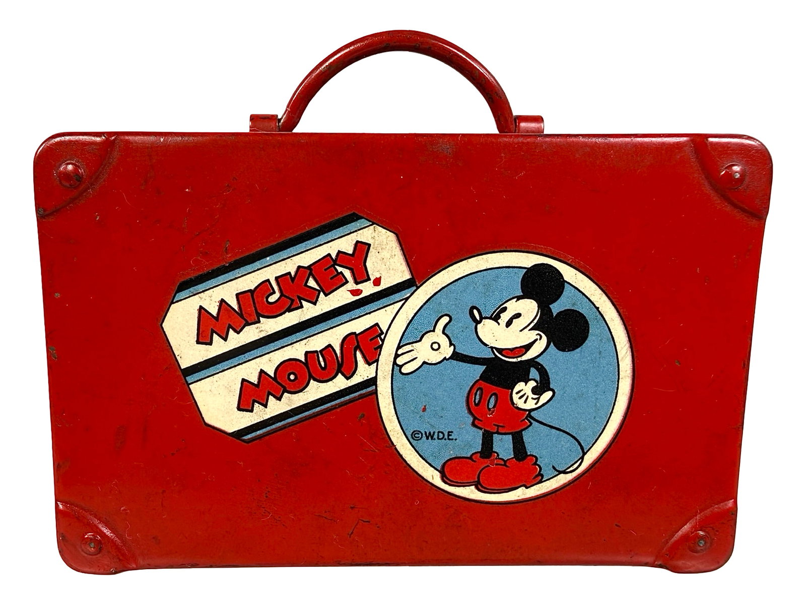Mickey Mouse Luggage Bank: Made by Automatic Recording Safe Co. Chicago, IL - 1940's. 4" Wide x 3 1/4" Tall. Bob and Shirley Peirce Collection.