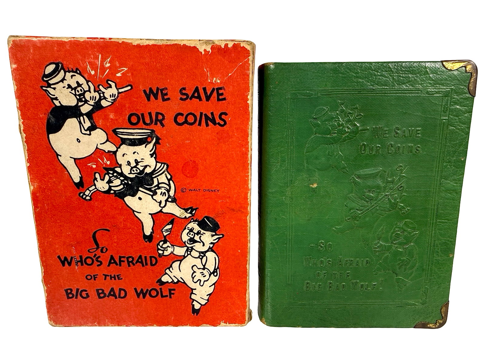Three Little Pigs - Big Bad Wolf: Book Bank - Dark Green. By Zell Products for Disney. 4 1/2" Tall x 3 1/4" Wide. Bob and Shirley Peirce Collection.