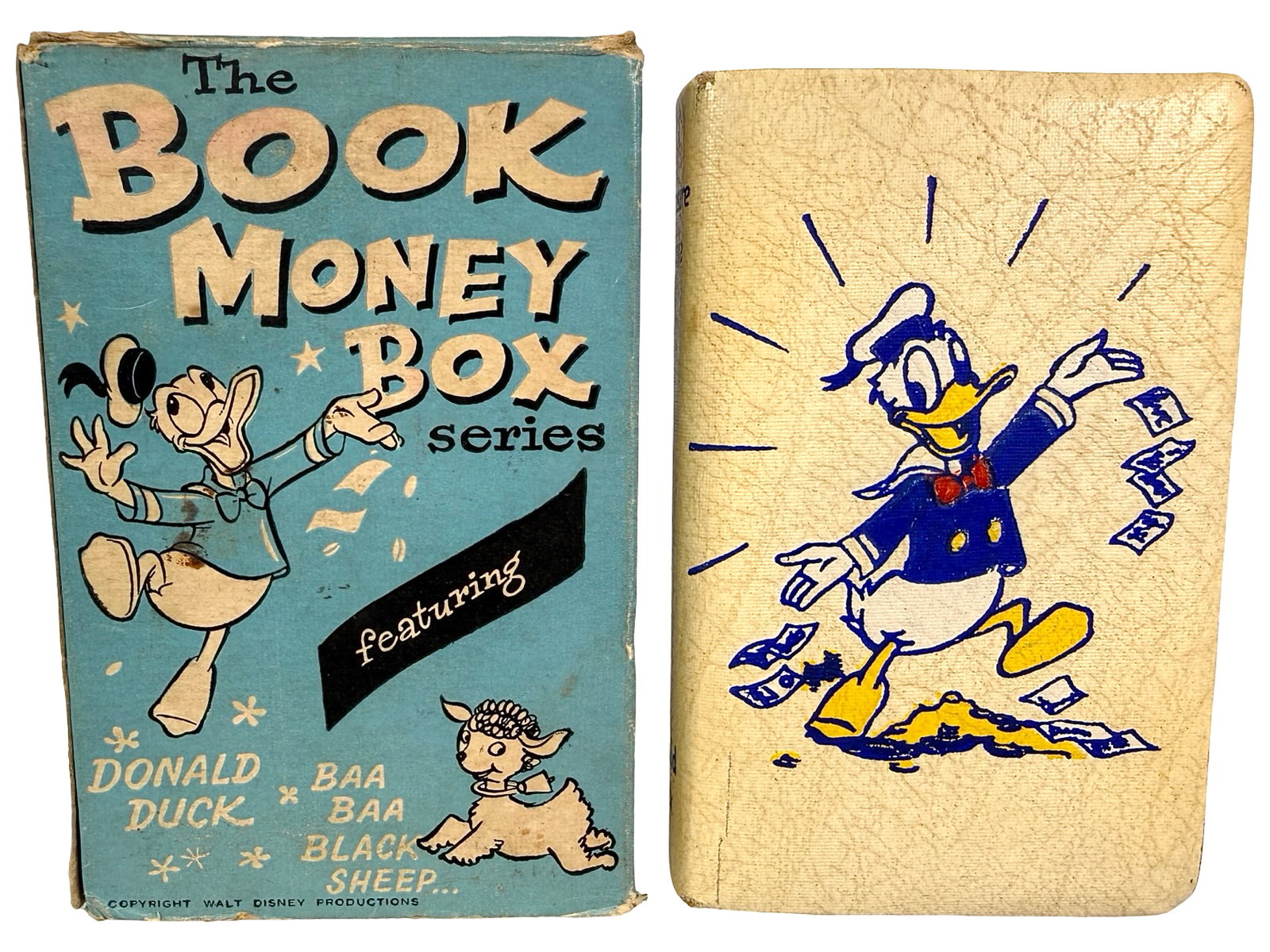 Book Money Box - Donald Duck: Pearson - Page - Jewsbury Co. Ltd. Birmingham, England - 1950's. 4 1/2" Tall x 3" Wide. Bob and Shirley Peirce Collection.