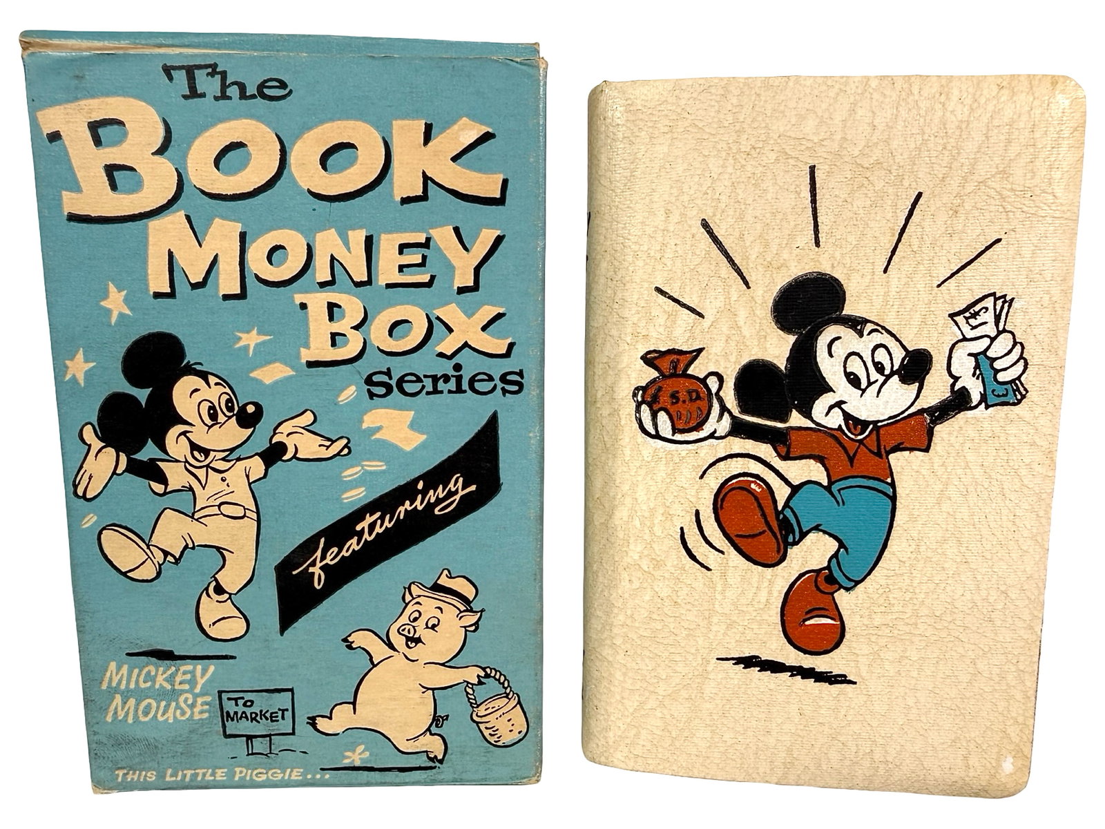 Book Money Box - Mickey Mouse: Pearson - Page - Jewsbury Co. Ltd. Birmingham, England - 1950's. 4 1/2" Tall x 3" Wide. Bob and Shirley Peirce Collection.