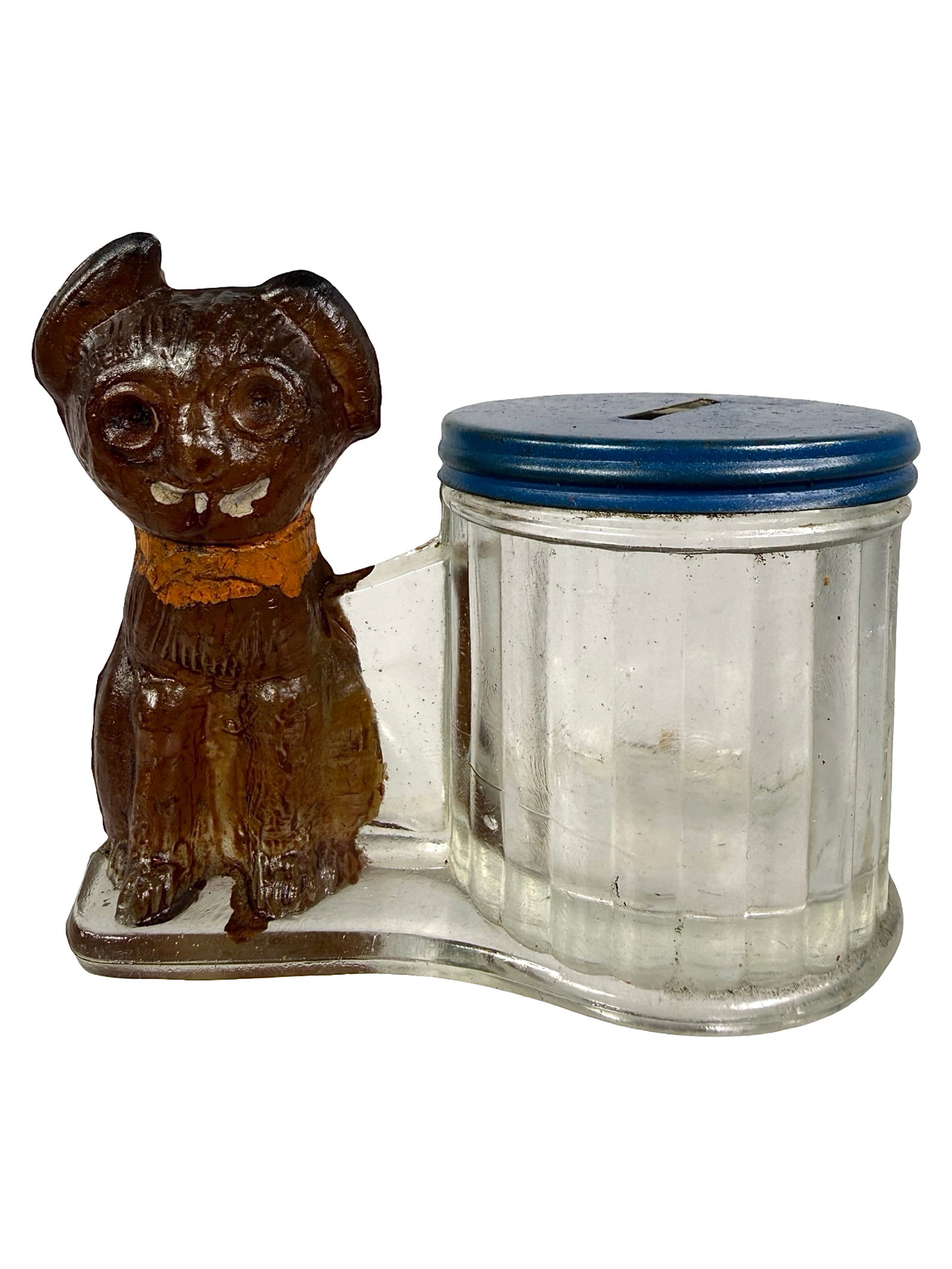 Dog by Barrel Still Bank: First used as a Candy Container. Made by the L. E. Smith Company. Penn. - 1920's - 3 1/8" T x 3 7/8" W. Bob and Shirley Peirce Collection.