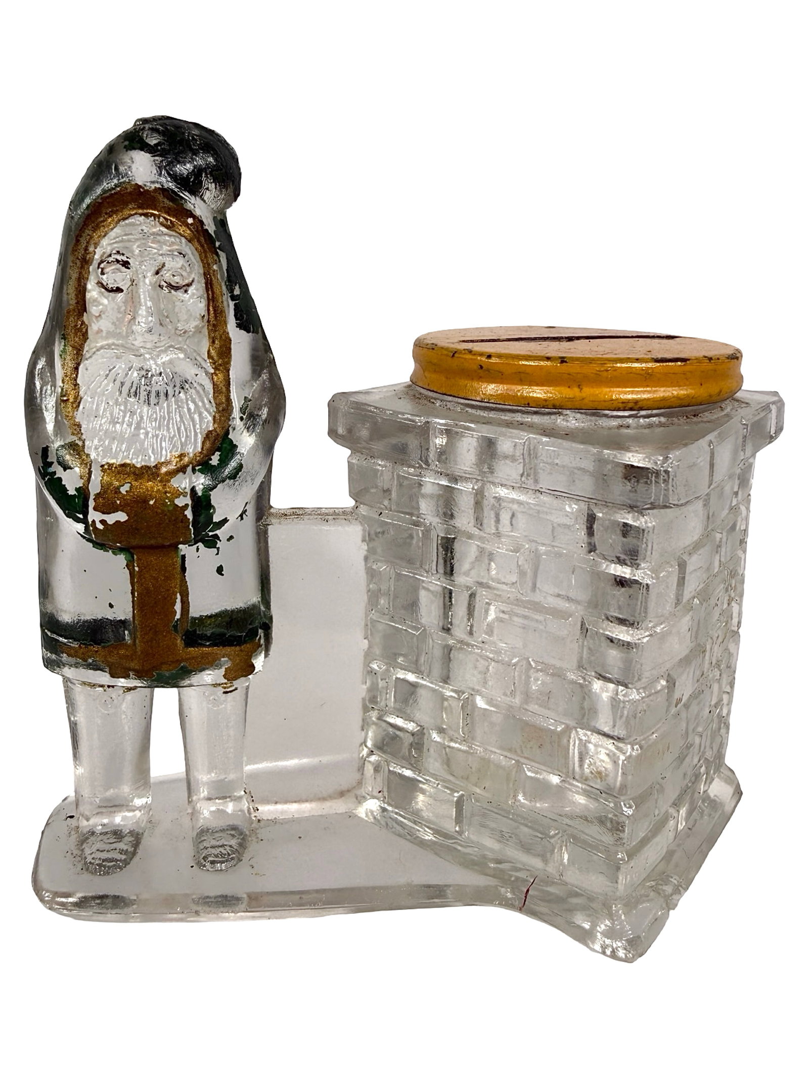 Santa by Square Chimney Still Bank: First used as a Candy Container. Made by the L. E. Smith Company. Penn. - 1910's - 3 5/8" T x 3 7/8" W. Bob and Shirley Peirce Collection.
