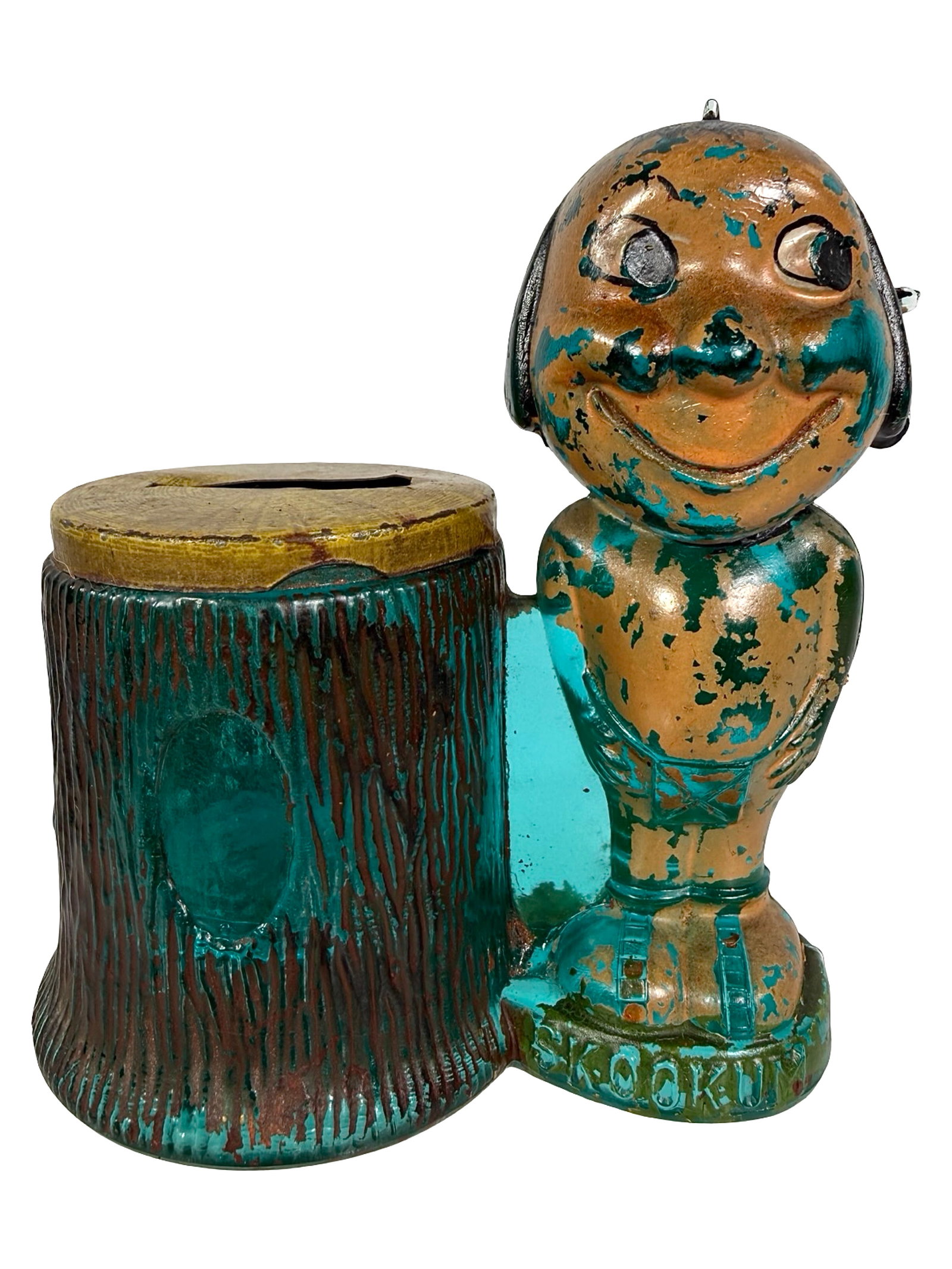 Rare Skookum by Tree Stump Bank: First used as a Candy Container. Made by Geo. Borgfeldt & Company. New York - 1915 - 3 5/8" T x 3 3/8" W. Bob and Shirley Peirce Collection.