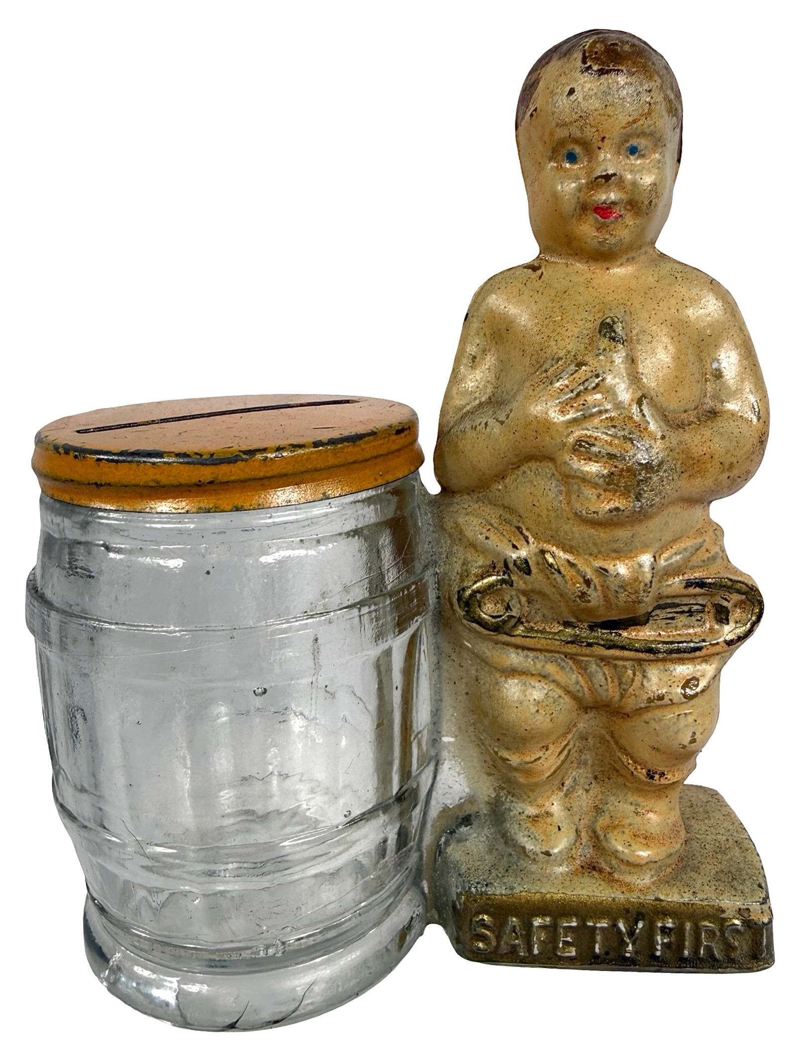 Rare "Safety First" Baby by Barrel: First used as a Candy Container. Made by the West Brothers Company. USA - Circa 1920 - 3 3/4" T x 3" W. Bob and Shirley Peirce Collection.