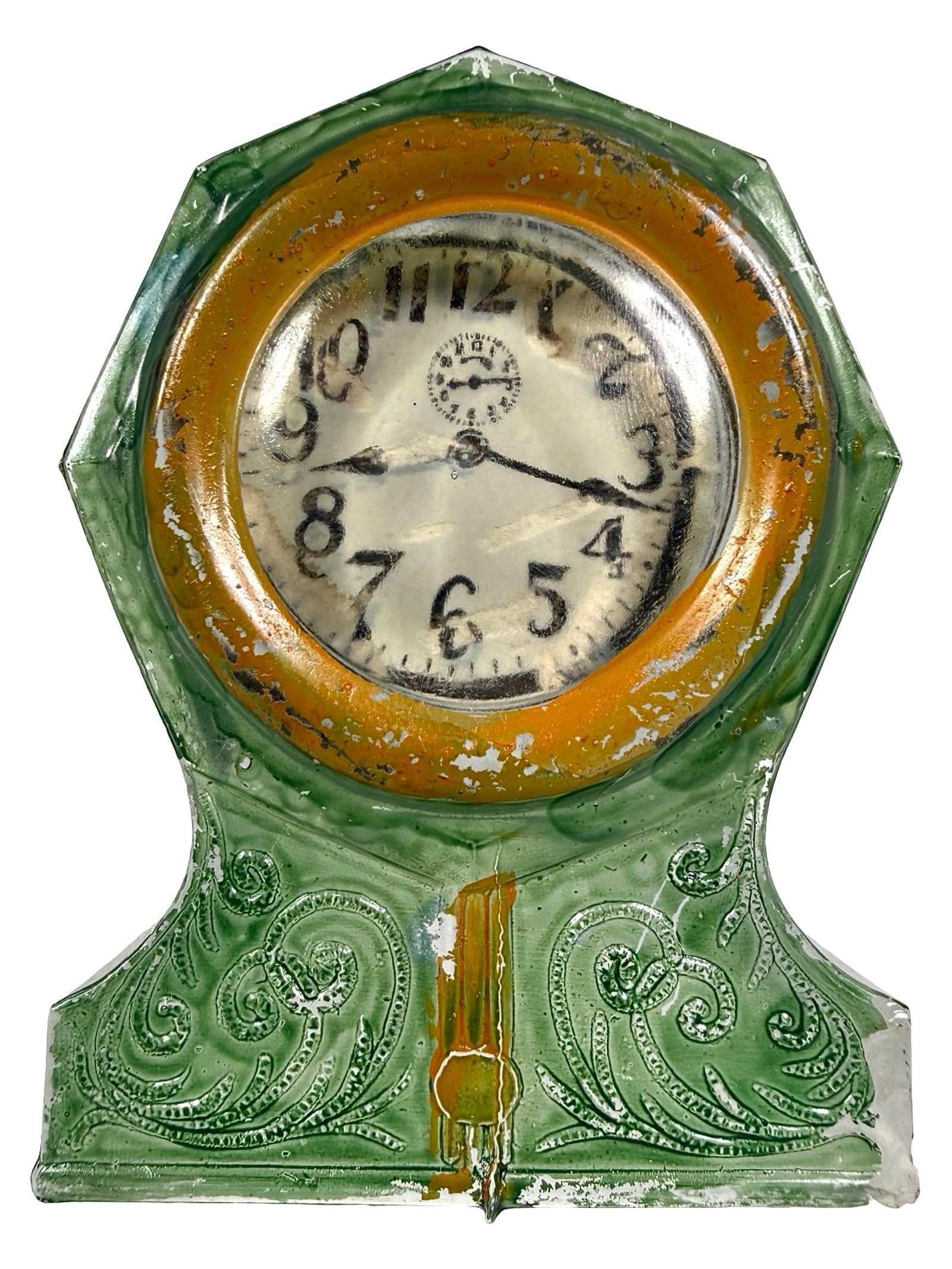 Green Octagon Clock Still Bank: First used as a Candy Container. USA - 1920 - 3 7/8" T x 2 7/8" W. Bob and Shirley Peirce Collection.
