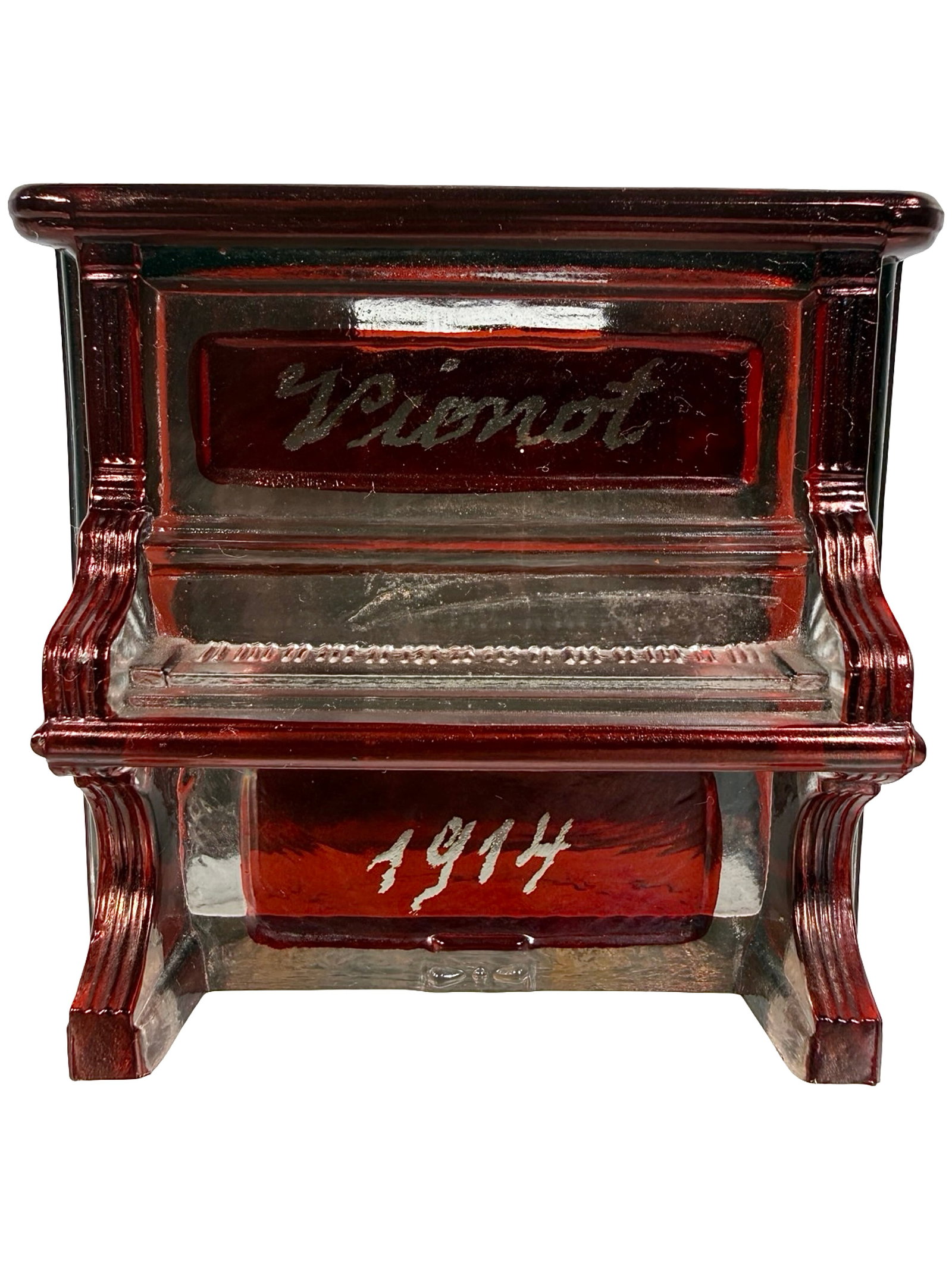 Scarce Ruby Flashed Piano Bank: First used as a Candy Container. Marked "Vionot" and Dated 1914. USA - 1910's - 2 7/8" T x 3" W. Bob and Shirley Peirce Collection.