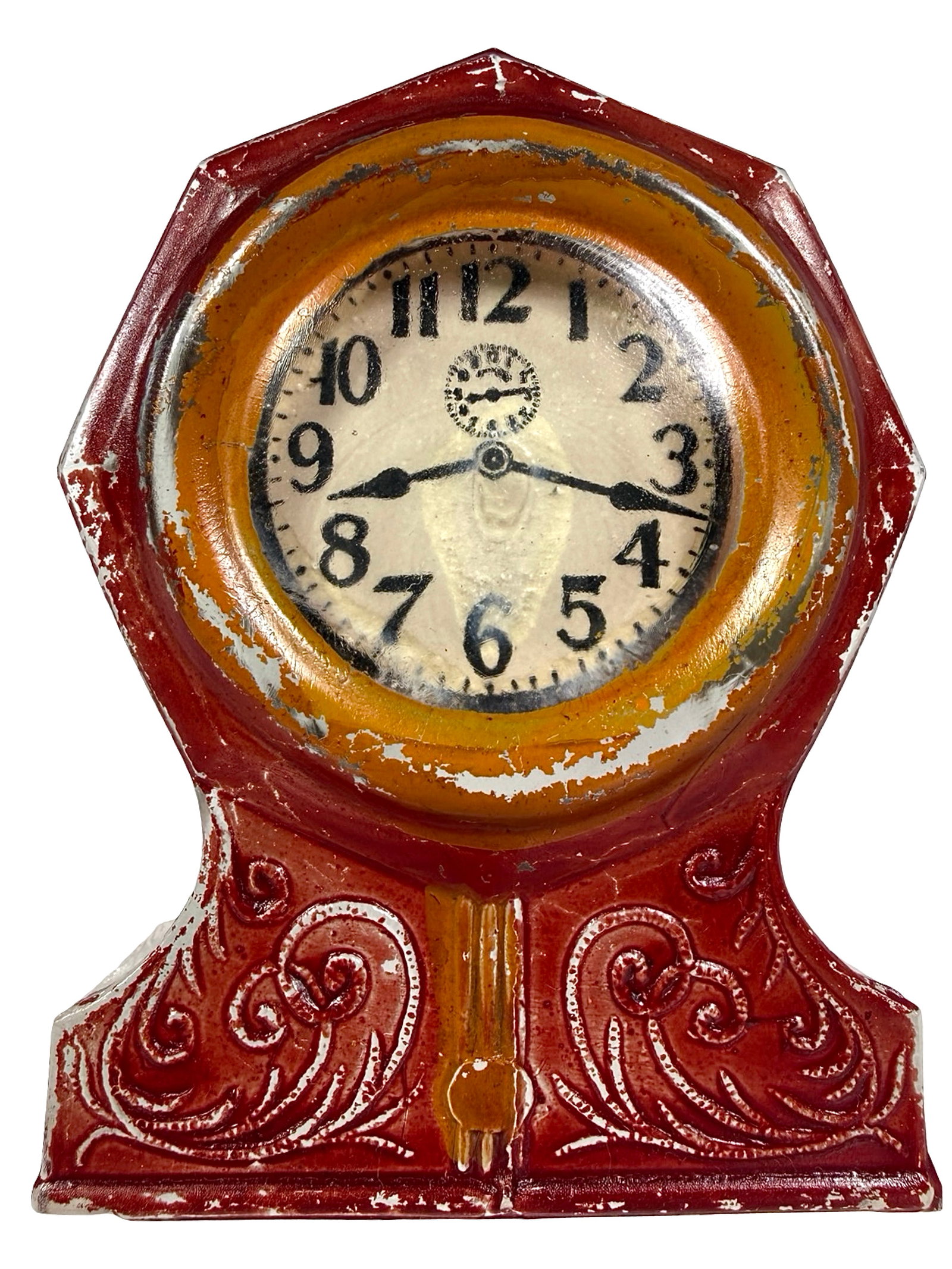 Red Octagon Clock Still Bank: First used as a Candy Container. USA - 1920 - 3 7/8" T x 2 7/8" W. Bob and Shirley Peirce Collection.
