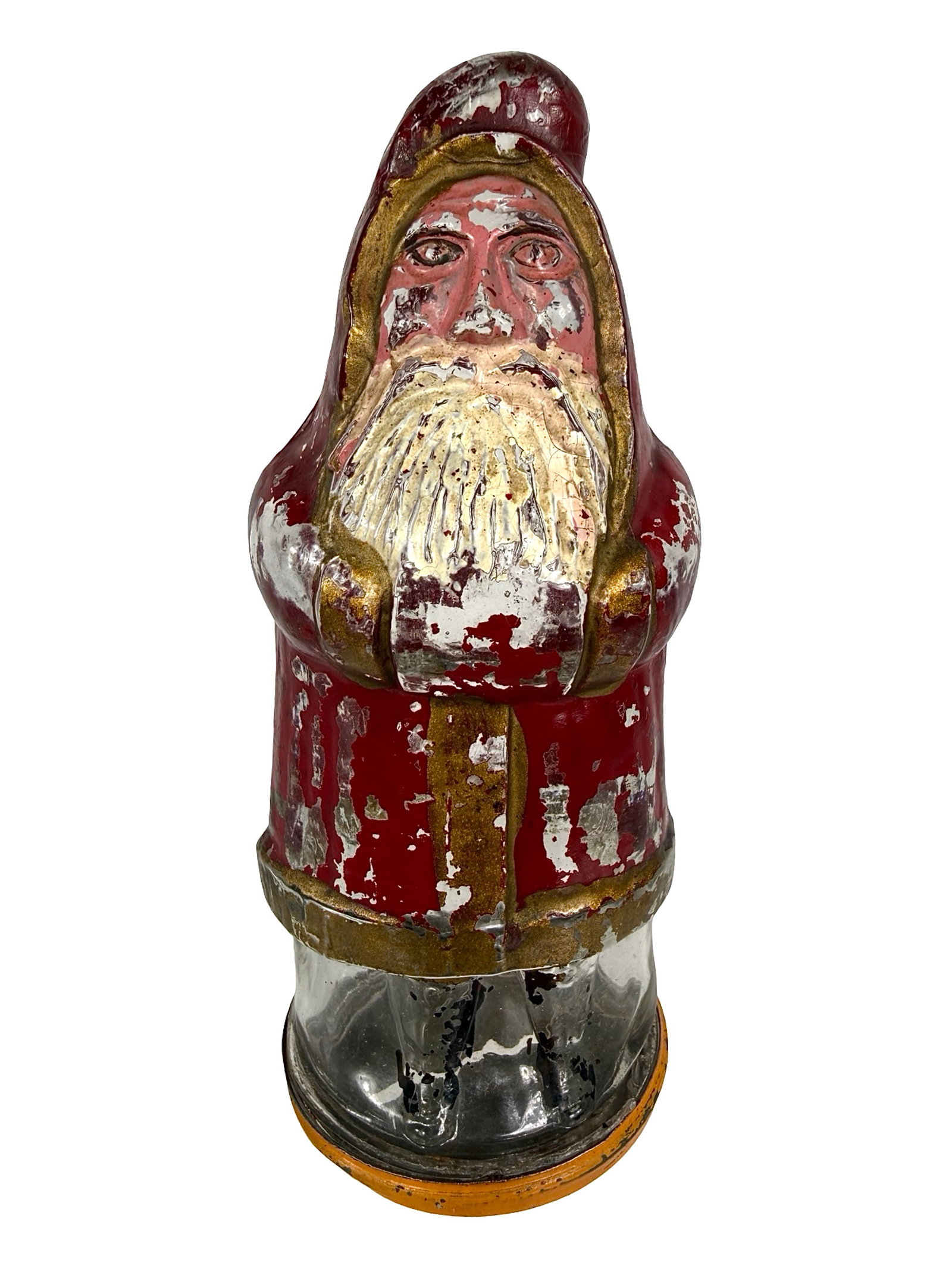 Santa Claus in Banded Coat Bank: First used as a Candy Container. Marked on Back "Contents 3 oZ. AVD". USA Maker - 1910's - 5 3/8" T x 2" D. Bob and Shirley Peirce Collection.