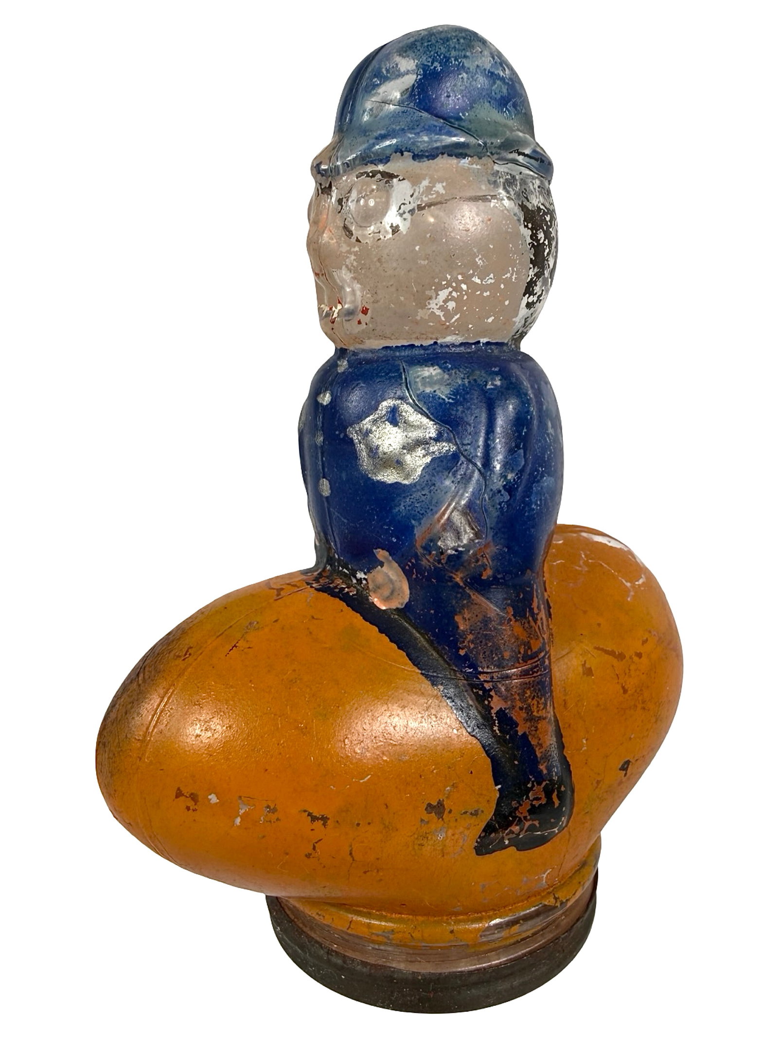 Pumpkin Headed Policeman Bank: First used as a Candy Container. By the L. E. Smith Company. Penn. - Ca. 1915 - 4" T x 3" L. Bob and Shirley Peirce Collection. This is absolutely exceptional quality for this particularly rare glass 